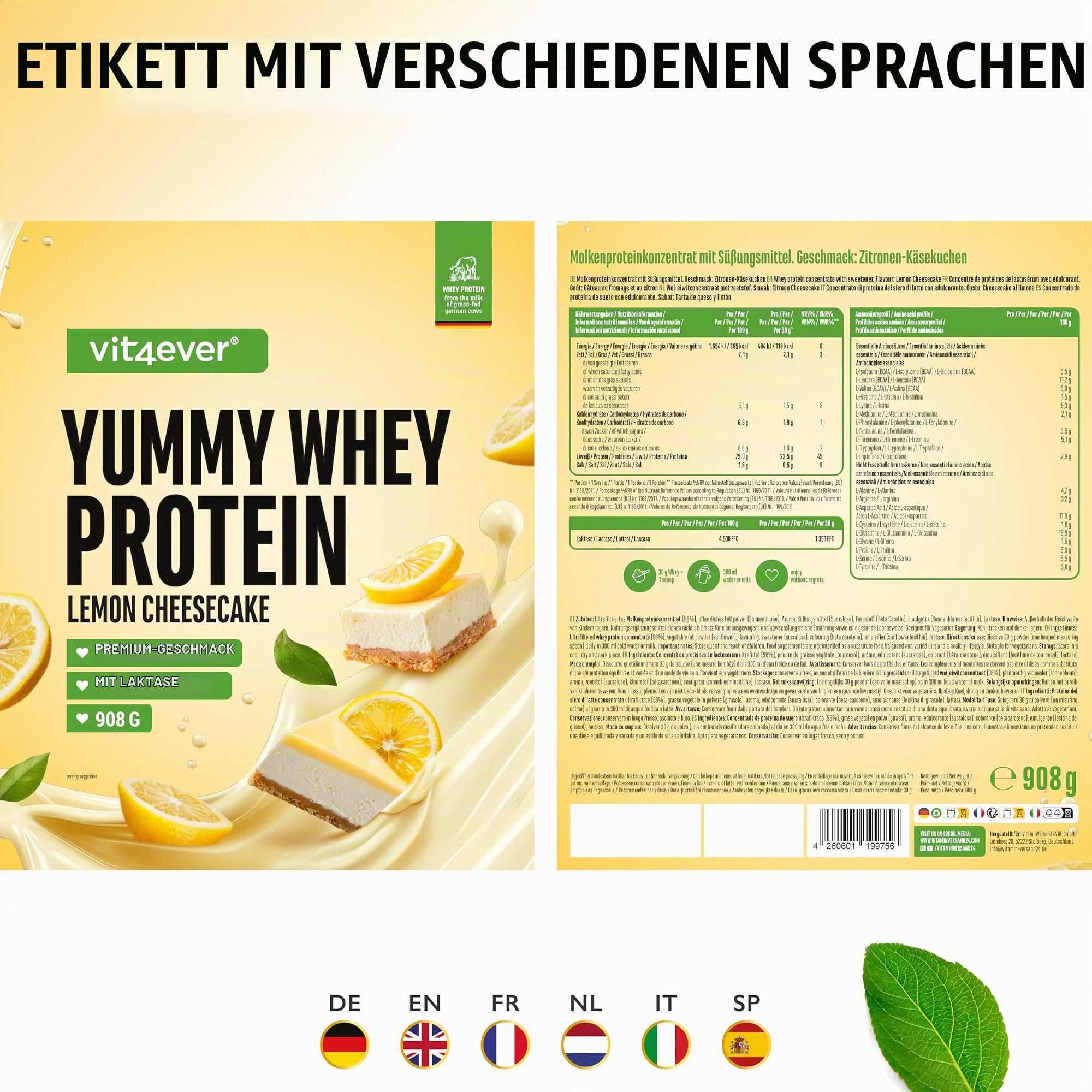 vit4ever Yummy Whey Proteinpulver - 908g - Lemon Cheesecake