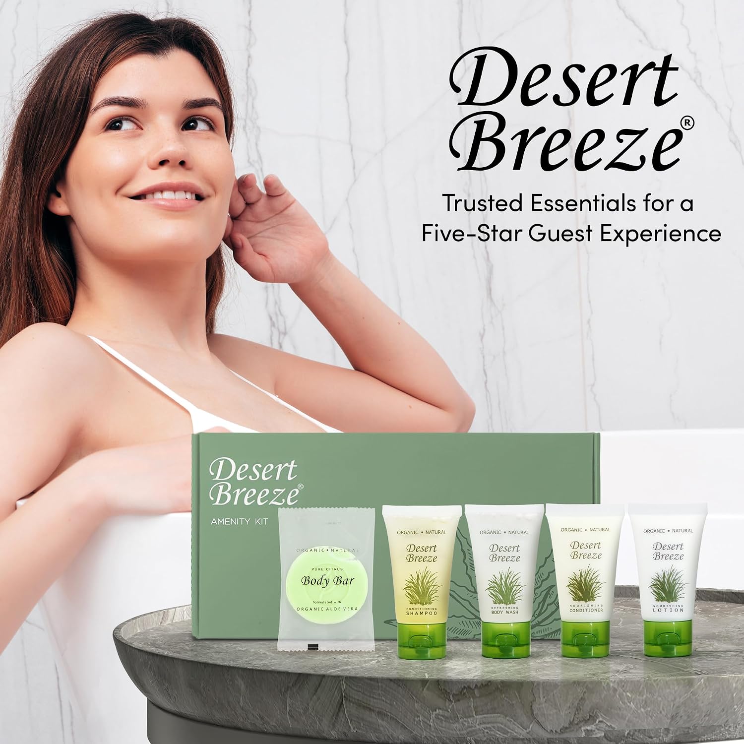 Desert Breeze Amenity Kit | Boxed Hotel Toiletries Bulk Set | 1 oz Shampoo, Conditioner, Lotion, Body Wash & Body Bar Soap | 1 Set per Case