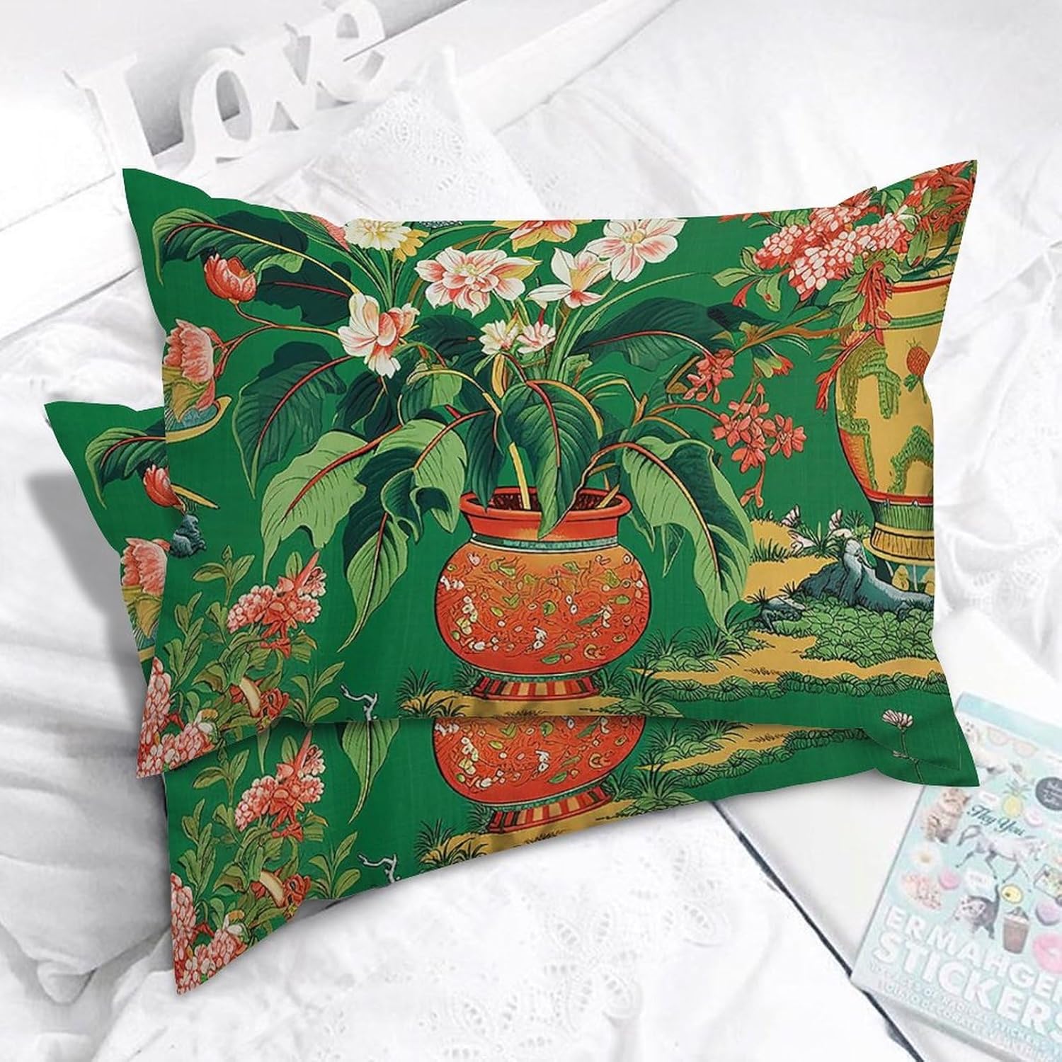 Ming Vase Green Chinoiserie Throw Pillowcase Set of 2 Ethnic Style Lumbar Cushion Cover 20x30in Decorative Pillow Home Cotton Linen Accent Square Cushion Cover for Couch Sofa Couch Chair