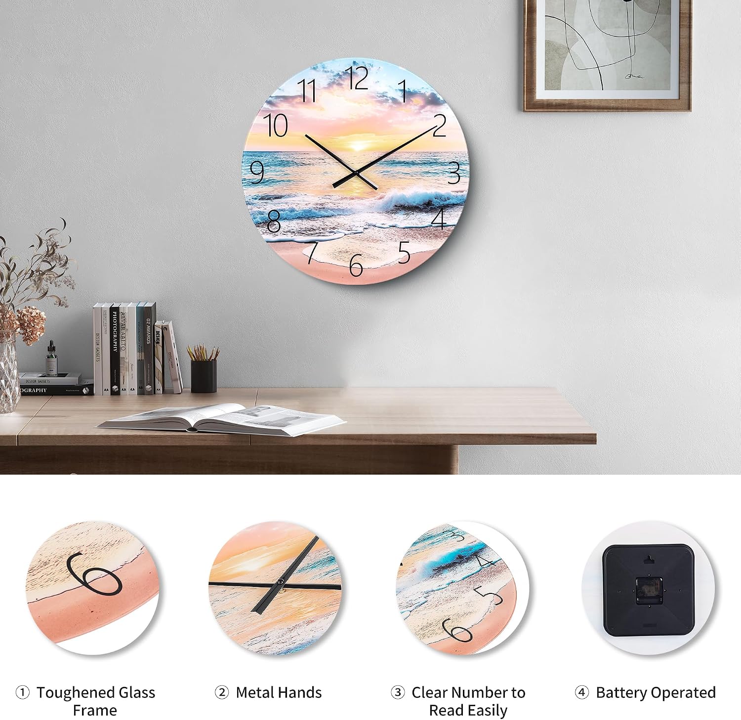 24in Glass Wall Clocks for Living Room Decor, Decorative Wall Clocks Battery Operated, Silent Kitchen Clocks, wall Clock for Bedroom, Bathroom