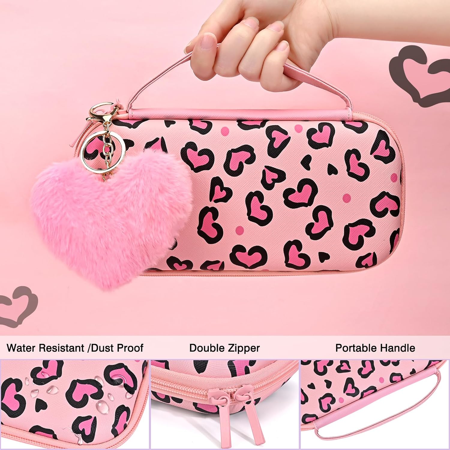 DLseego Pink Heart Leopard Carrying Case for Nintendo Switch Lite 2019, Hard Shell Storage Bag with Pink Plush Heart Pendant, Shockproof Anti-Scratch Travel Protective Pouch with Game Card Slots image 2