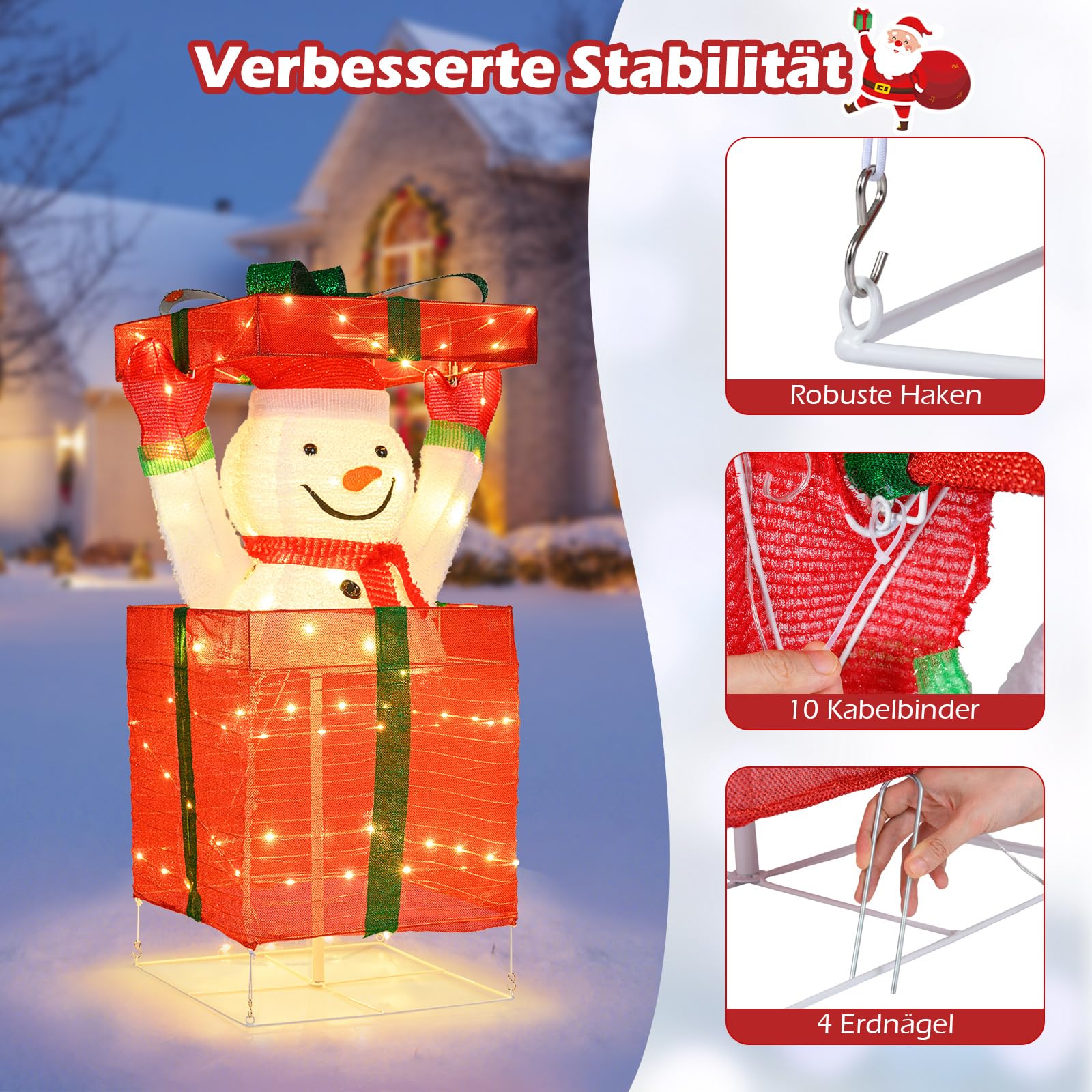 COSTWAY LED Schneemann in Geschenkbox, 115 cm beleuchtete Weihnachtsdeko mit 100 warmweißen LED-Lichtern, Weihnachtsfigur Outdoor XXL, Weihnachtsbeleuchtung für innen & außen