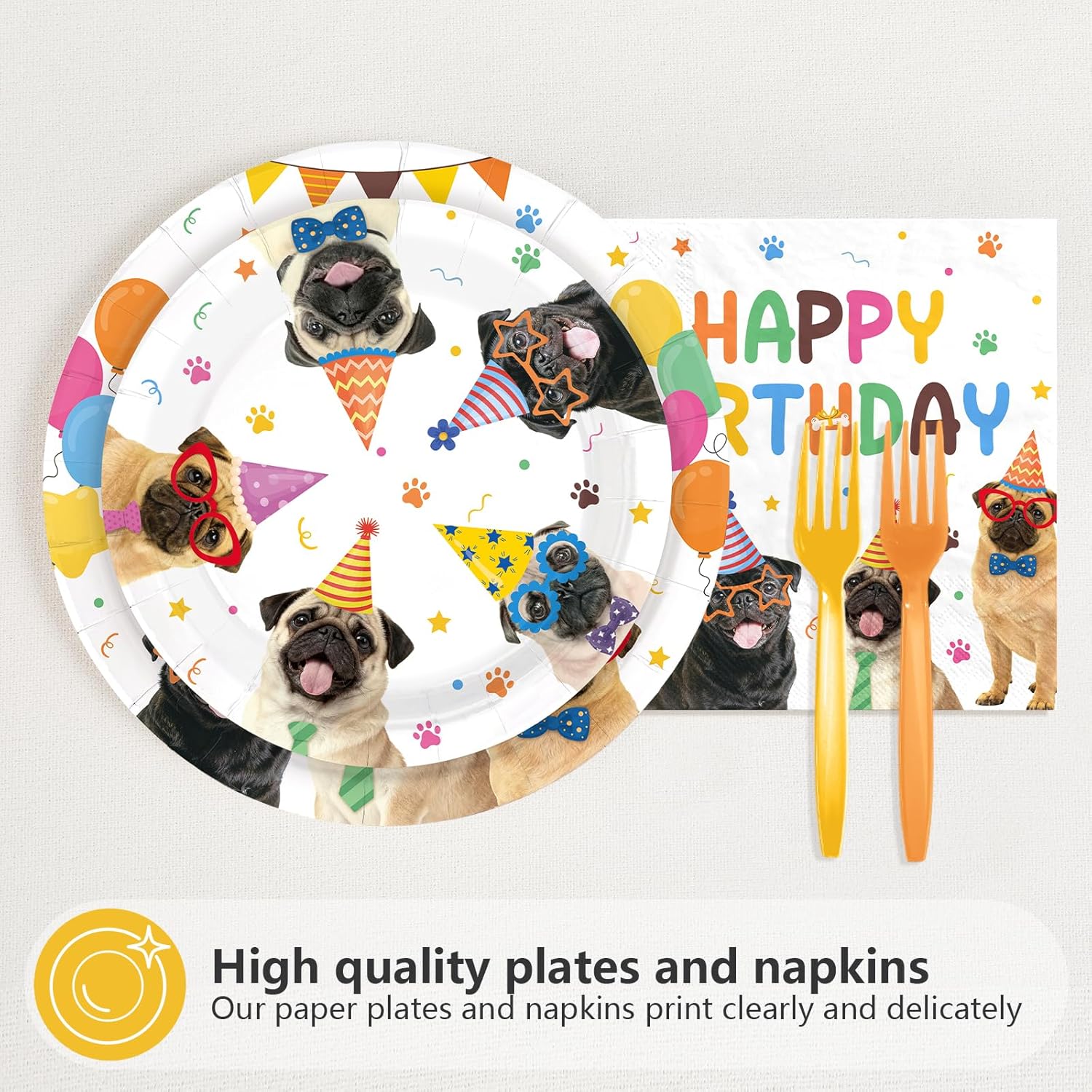 96 Pcs Pug Dog Birthday Party Decorations Dog Paper Plates and Napkins Puppy Party Tableware Set for Kids Pug Themed Birthday Party Supplies, Serves 24