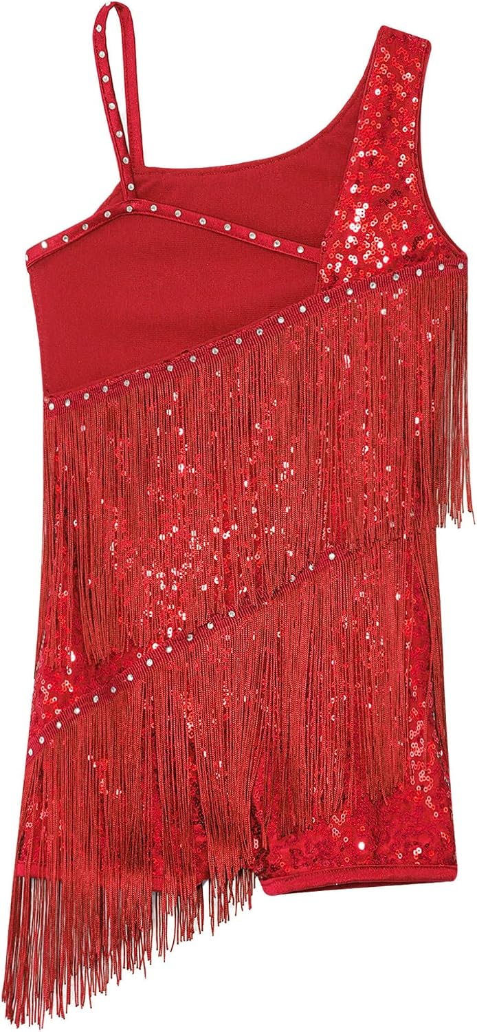 Latin Dance Dress for Girls Sleeveless Tassel Fringe Leotard Sequin Ballroom Salsa Tango Dance Costume