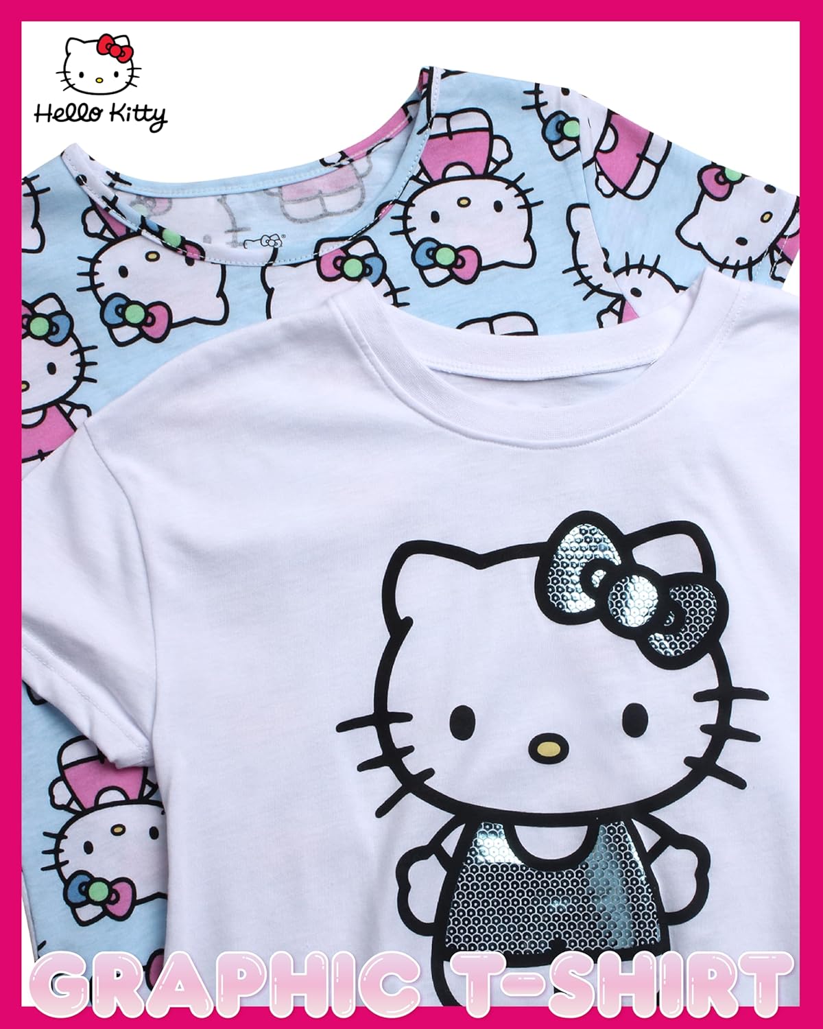 Hello Kitty Girls Shirts - 2 Pack Cotton Blend Short Sleeve Tops - Crewneck Cute Graphic Girls Tee Shirt Pack - Image 2