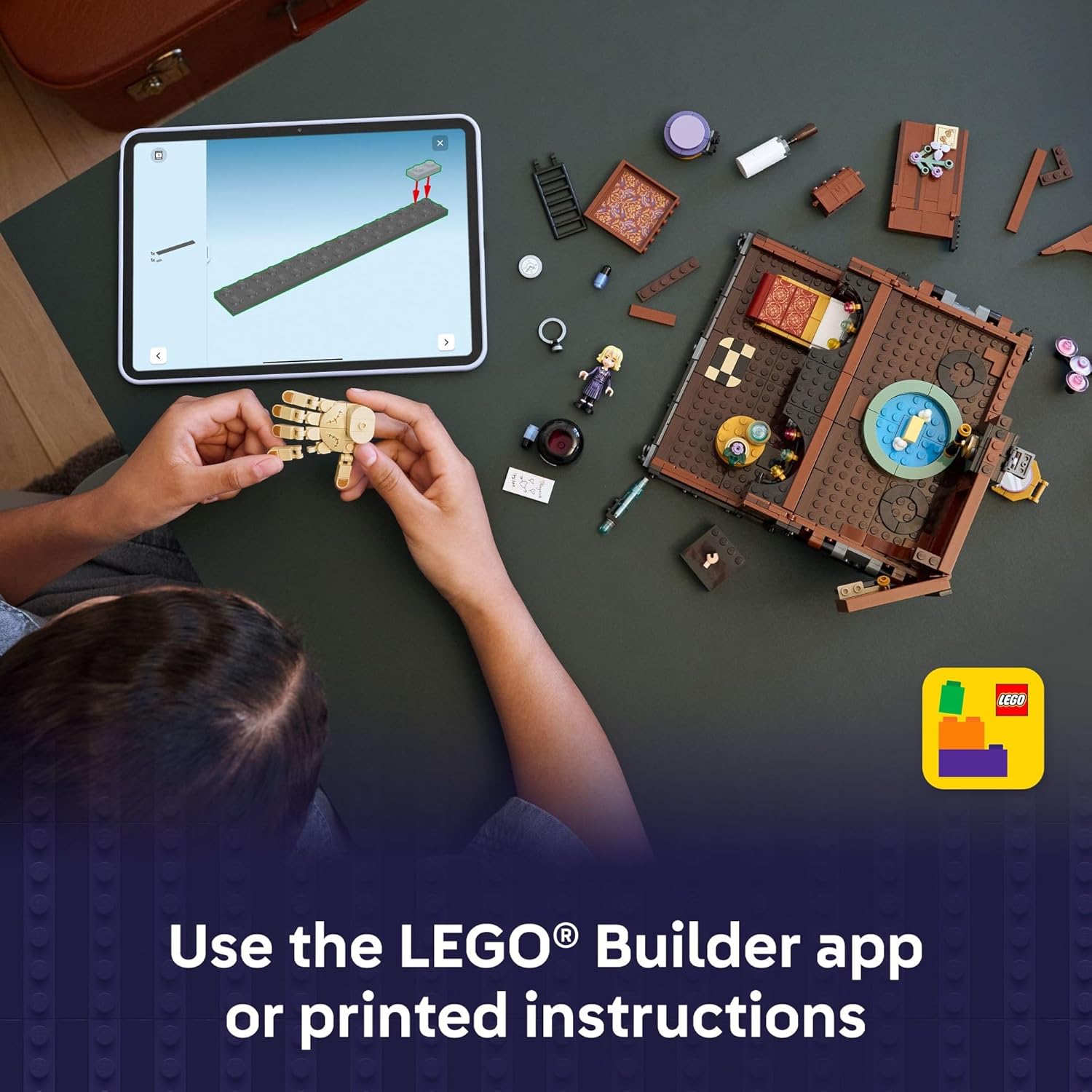 Child using the LEGO Builder app on a tablet for assembly instructions