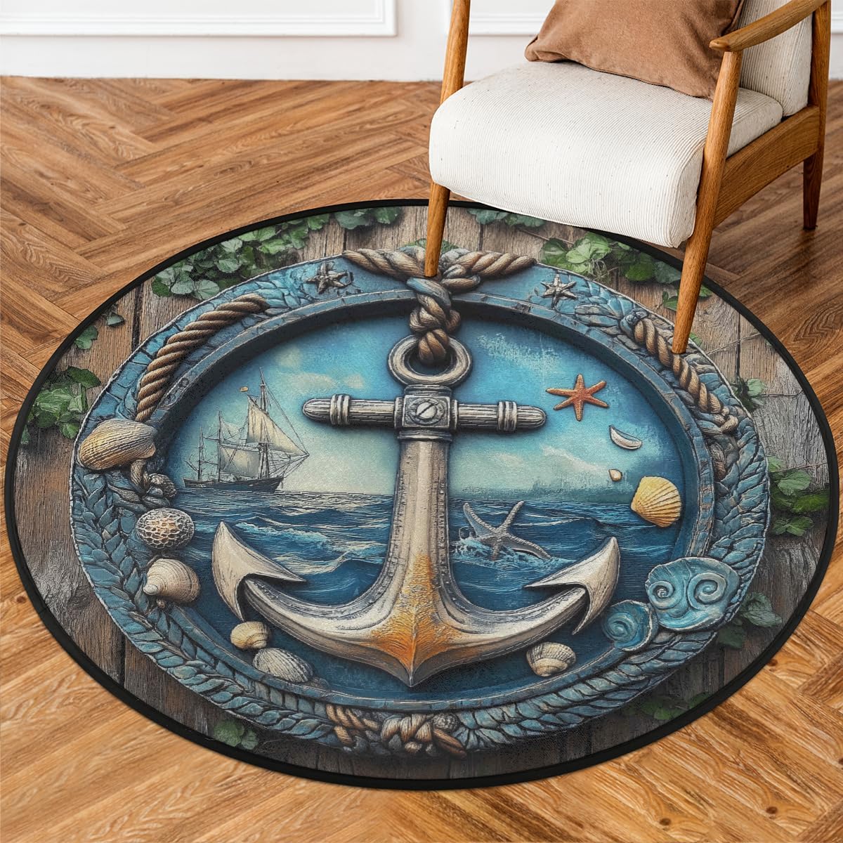 Nautical Anchor Wooden Round Area Rug for Living Room Bedroom 3 ft Washable Circle Rugs Non Slip Round Floor Mat Indoor Outdoor Carpet for Kitchen Entryway Nursery Office Playroom