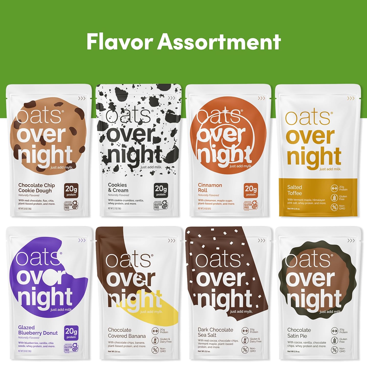 Oats Overnight Dessert Variety Pack - High Protein, High Fiber Breakfast Protein Shake - Gluten Free Oatmeal, Non GMO High Protein Oatmeal - Salted Toffee, Chocolate Satin Pie & More Flavors (8 Pack)
