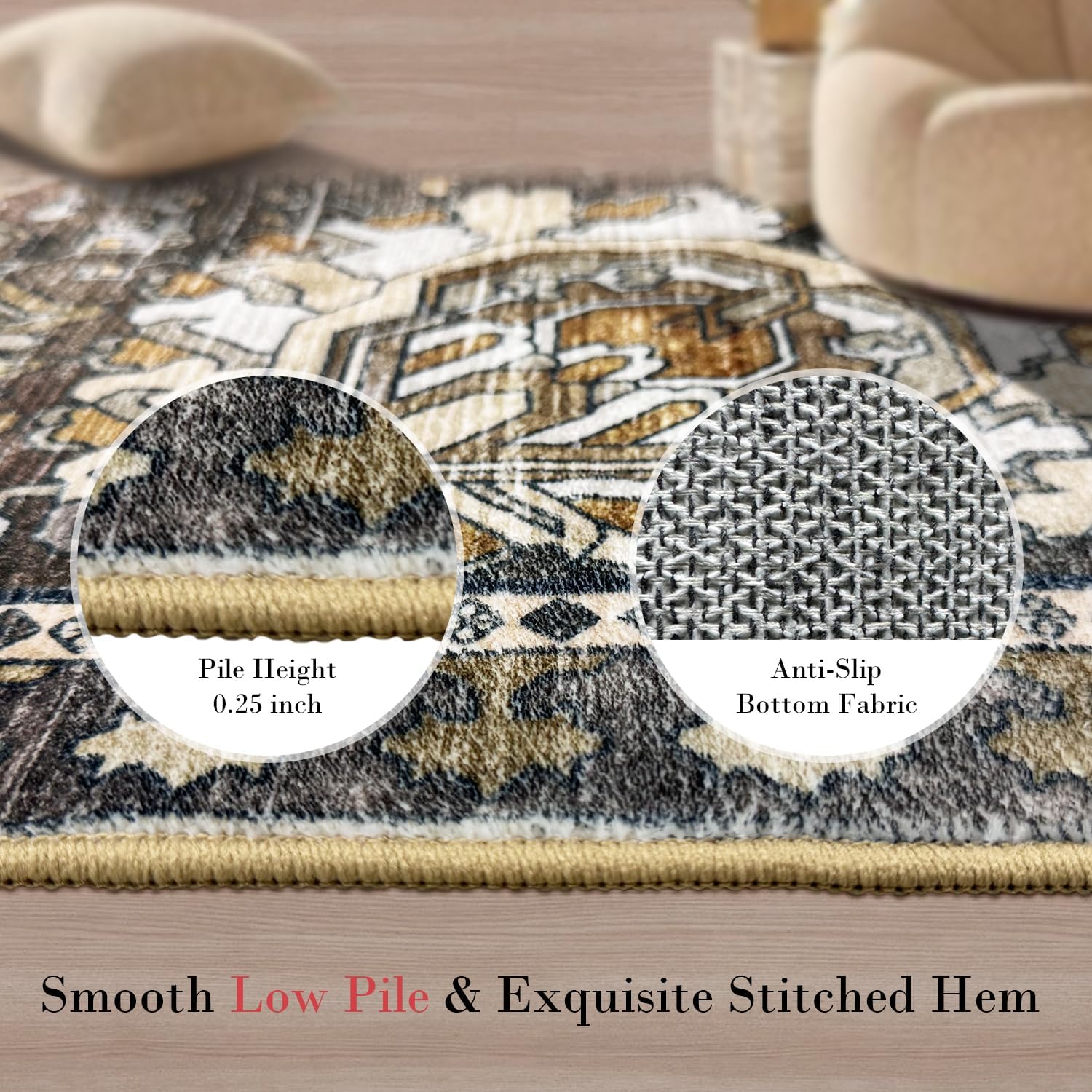 RUGSURE Washable Area Rugs - Perfect for Living Room, Bedroom, Kids Room, Nursery - Stain & Water Resistant Non-Slip, Pet & Child Friendly, Vintage Tribal Area Rugs (Ivory, 2'6'' x 8')