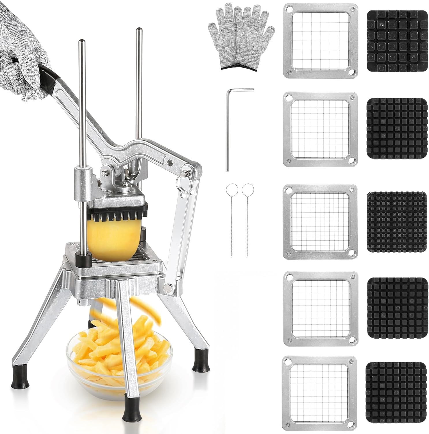 WICHEMI Commercial Vegetable Chopper Dicer with 5 Replacement Blades - Stainless Steel & Aluminium Alloy Body & Blades - Manual Food Dicer for Potatoes, Peppers, Mushrooms & More