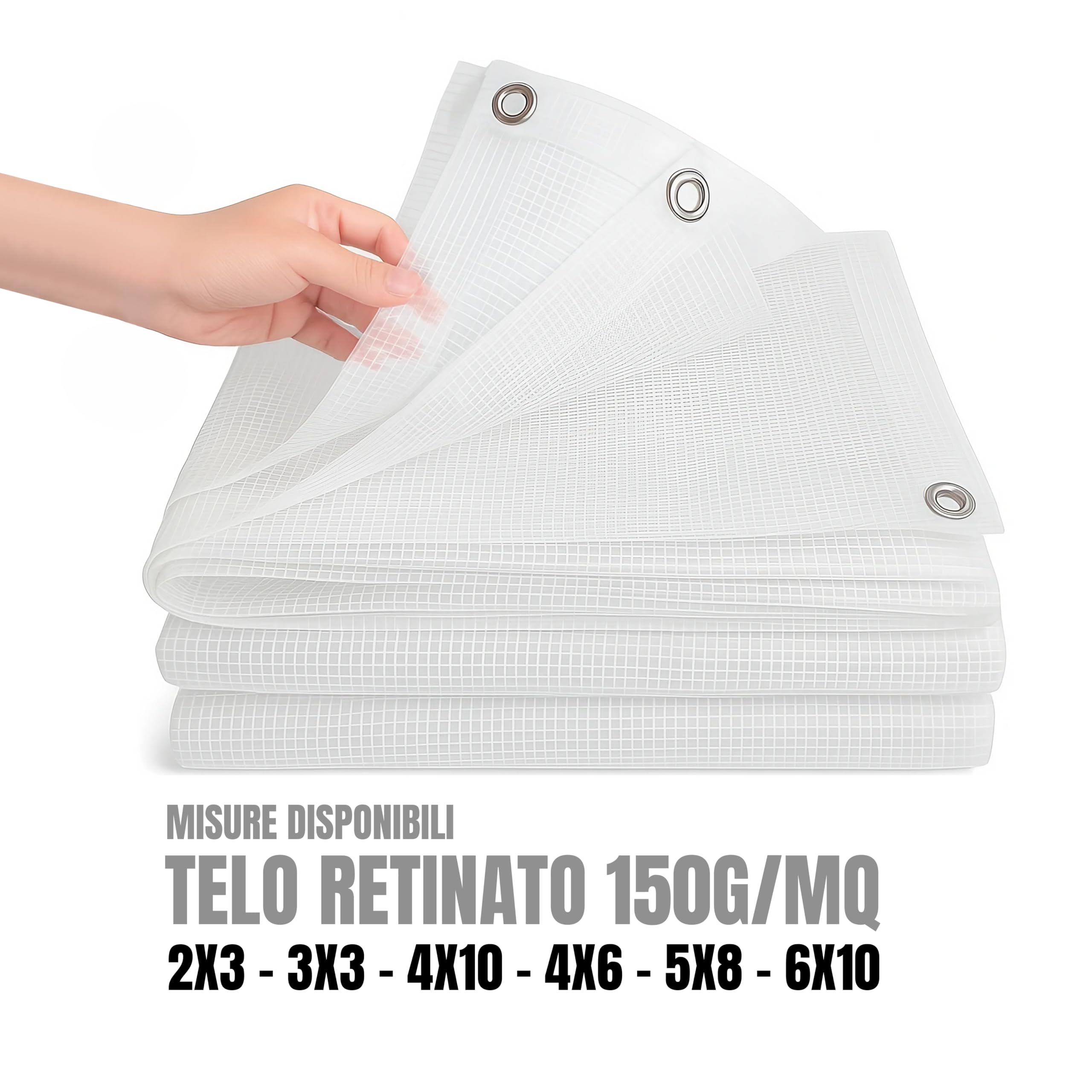 ESTO Telo Impermeabile Trasparente Retinato 150g/mq, Telone Occhiellato 150g/mq, Protettivo Multiuso per Auto, Barche, Piscina, Giardino (6x10 Metri)