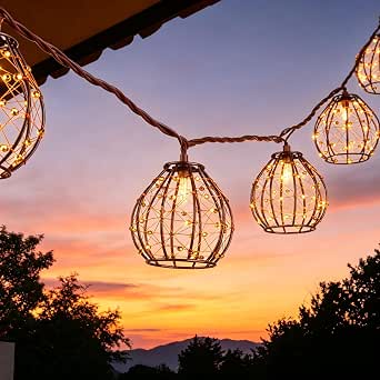 Tiki Boho Decorative String Lights, 8.5FT, 10-Light, Copper Wire Beaded Oval Shades, Waterproof, Connectable
