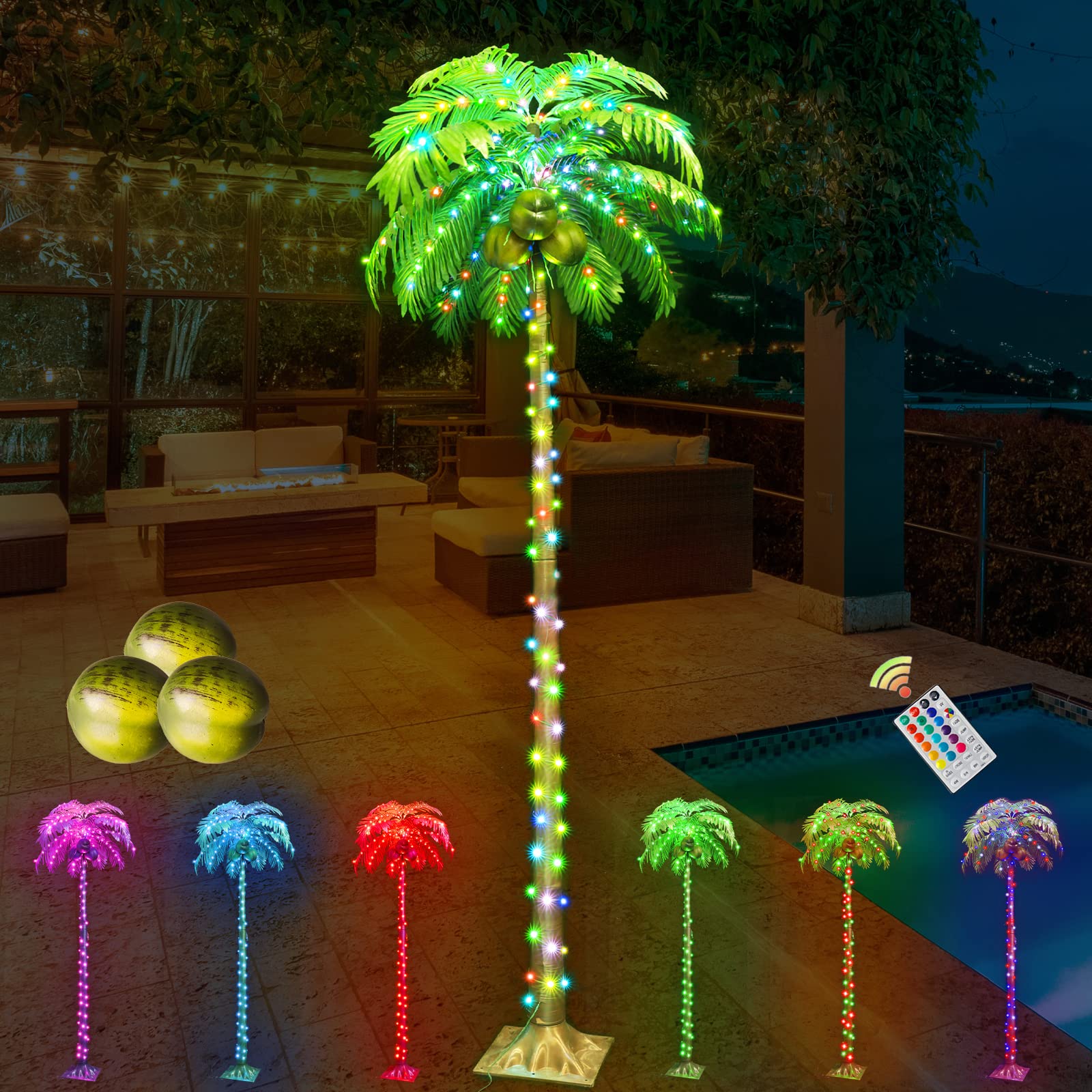 Photo 1 of 6FT LED Lighted Palm Trees Color Changing, Artificial Palm Trees Lights with Coconuts for Outdoors, Light Up Tropical Palm Tree Indoor for Pool Beach Yard Summer Party Home Hawaiian Tiki Bar Decor 6FT Color Changing Palm Tree with Coconuts
