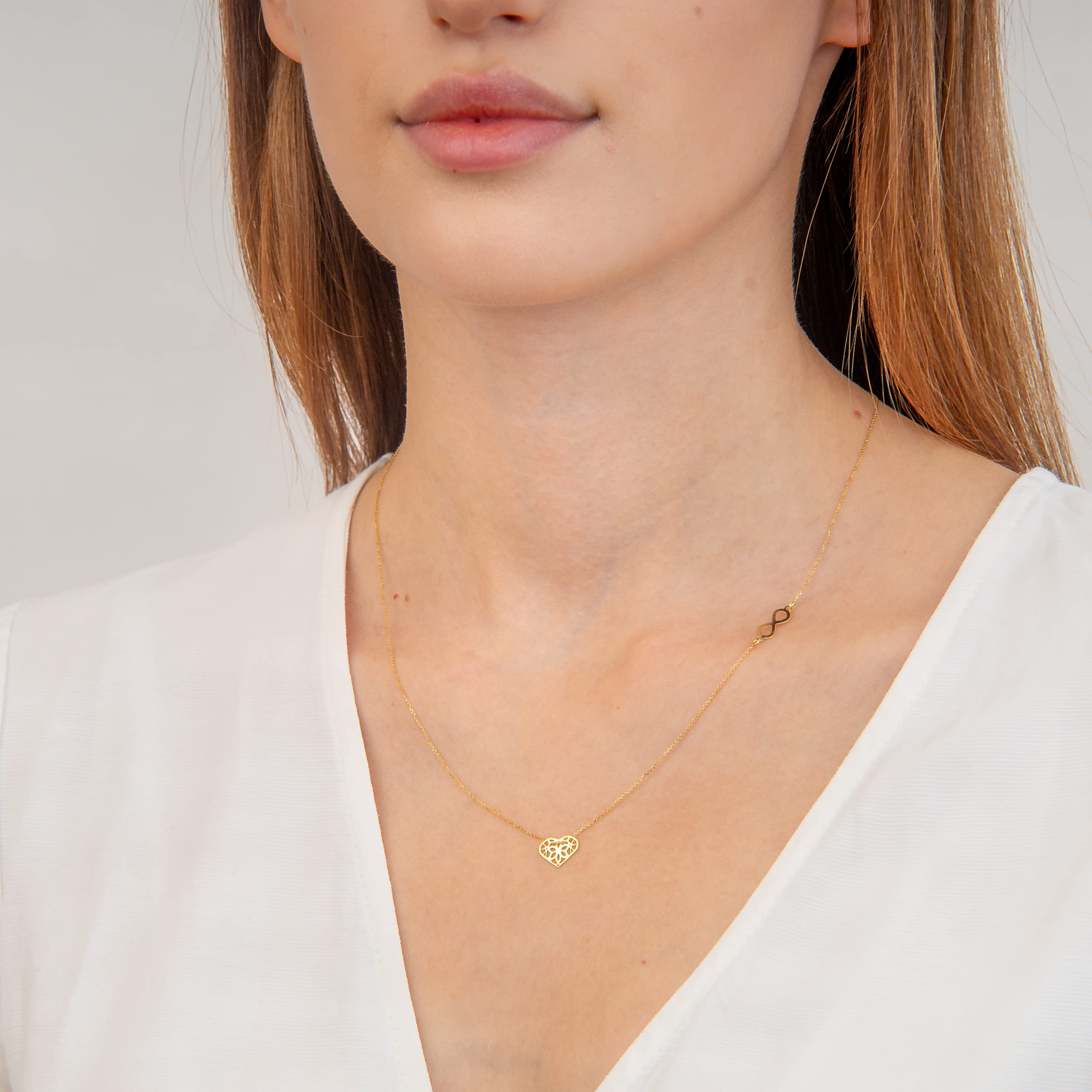 Goldene Damen Halskette 333 8k Gold Gelbgold Kette mit Anhänger Herz Unendlichkeit Gravur