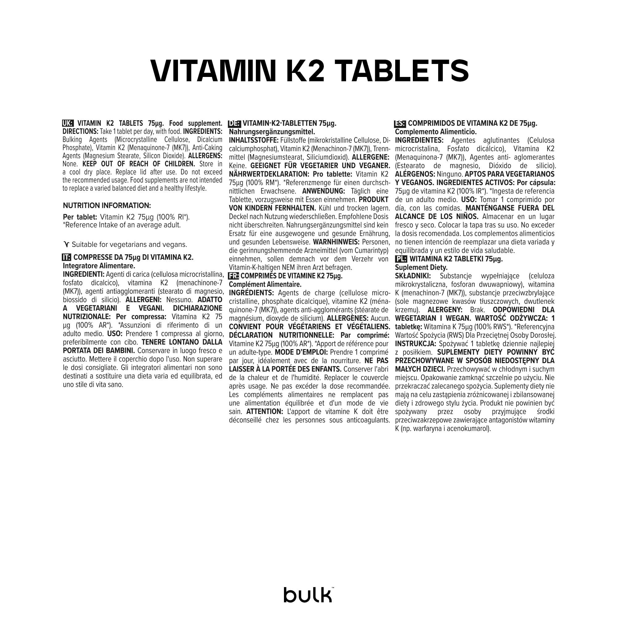 Bulk Comprimés de vitamine K2, 75 ug, 90 comprimés