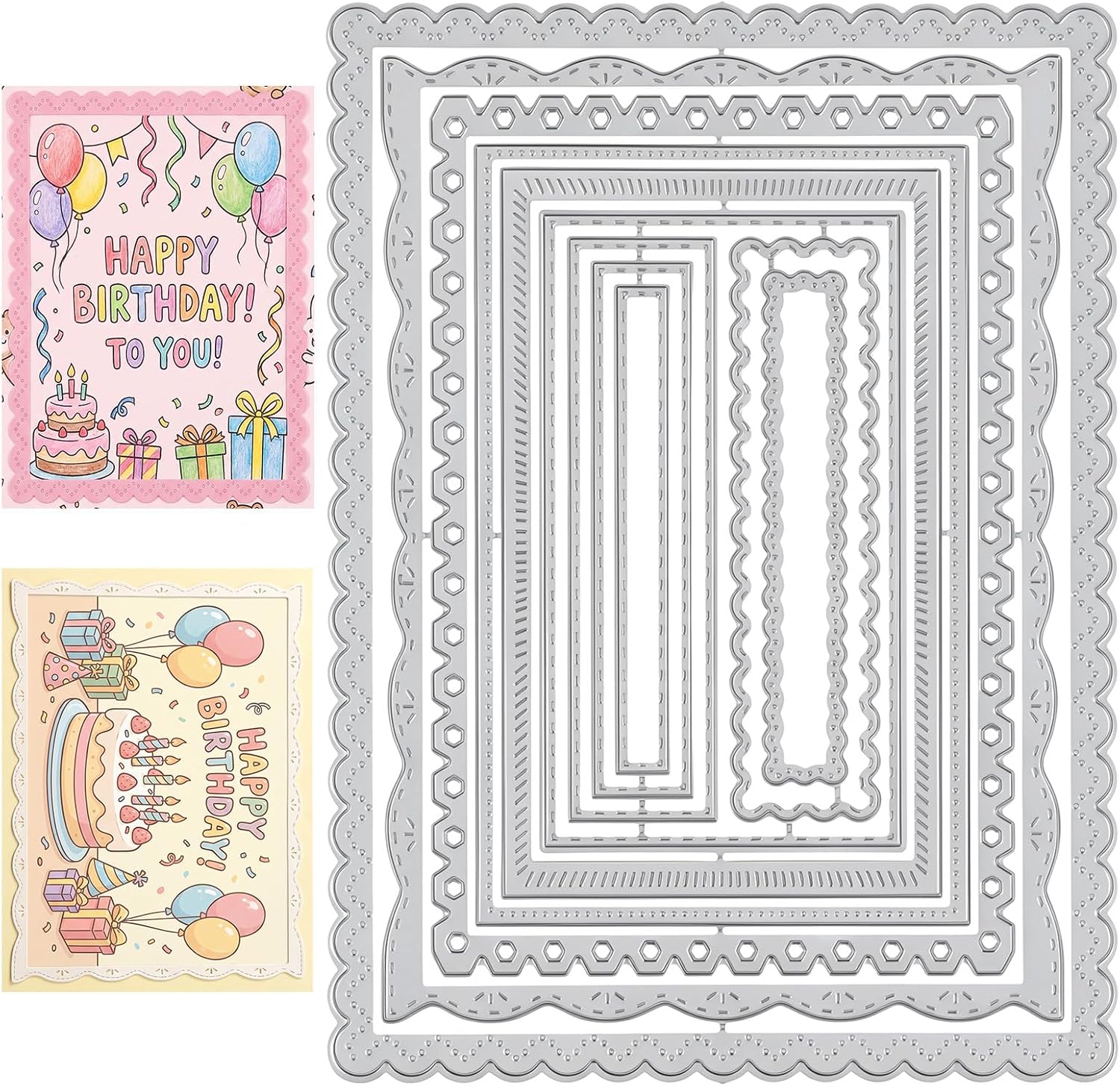 Metal Cutting Dies, Nested Rectangle Frame Dies with Scalloped Edges, Stitched Cutting Die for DIY Paper Card Making Scrapbooking Embossing (Silver, 4.1 x 5.7 Inches)