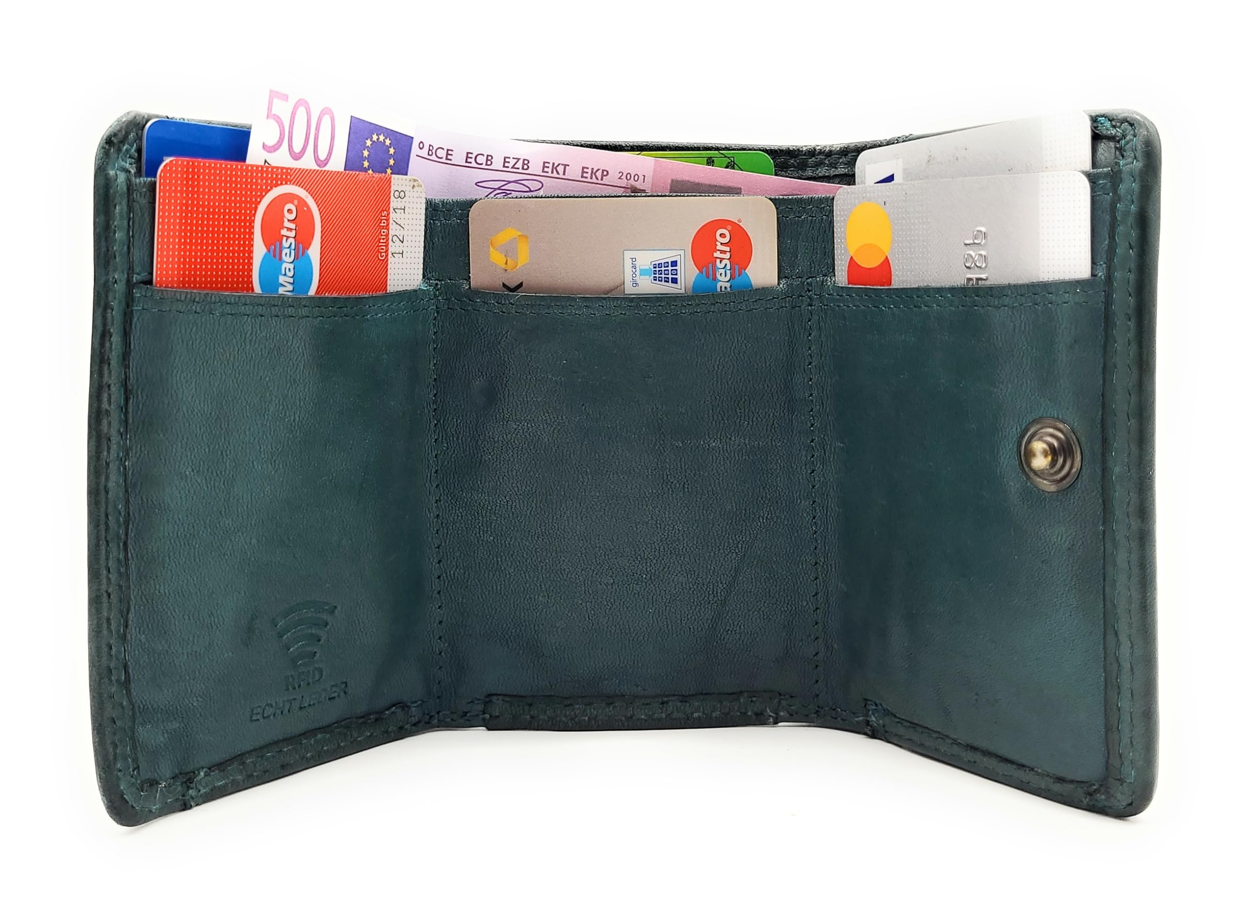 Mini cartera para hombre y mujer de piel auténtica – Cartera compacta de piel con protección RFID, compartimento para monedas, ranuras para tarjetas y botón a presión, cartera vintage pequeña