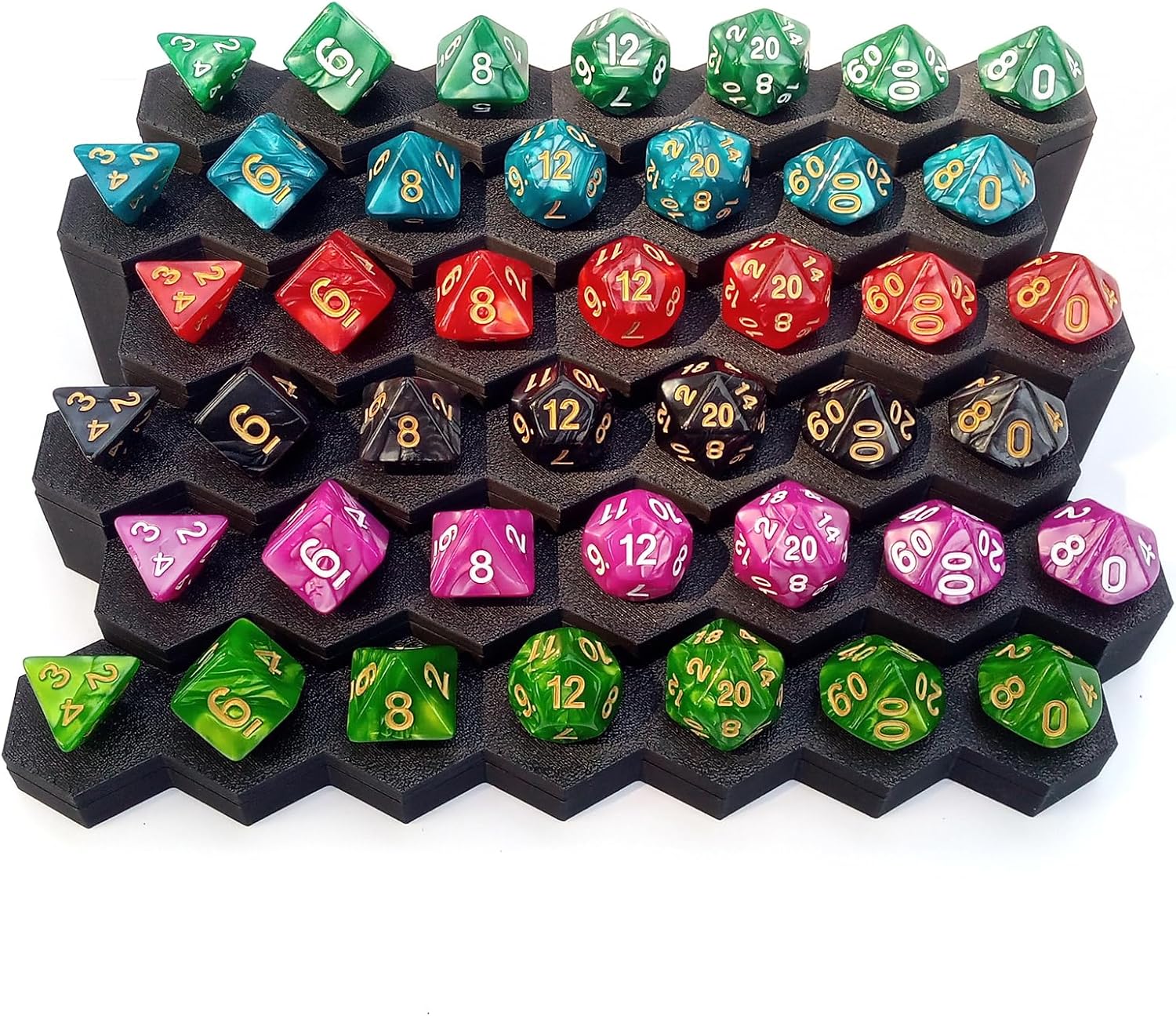 6-Row Dice Display Stand with Shelves, 8.5x6x2 inches, Holds 7-Piece RPG Die Sets, Dice Not Included (Black)