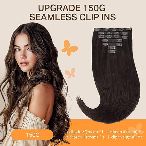 Miniatura 2 de DOORES Extensiones de cabello humano real con clip, sin costuras, color marrón oscuro, 18 pulgadas, 7 unidades, 4.33 oz, extensiones de cabello liso