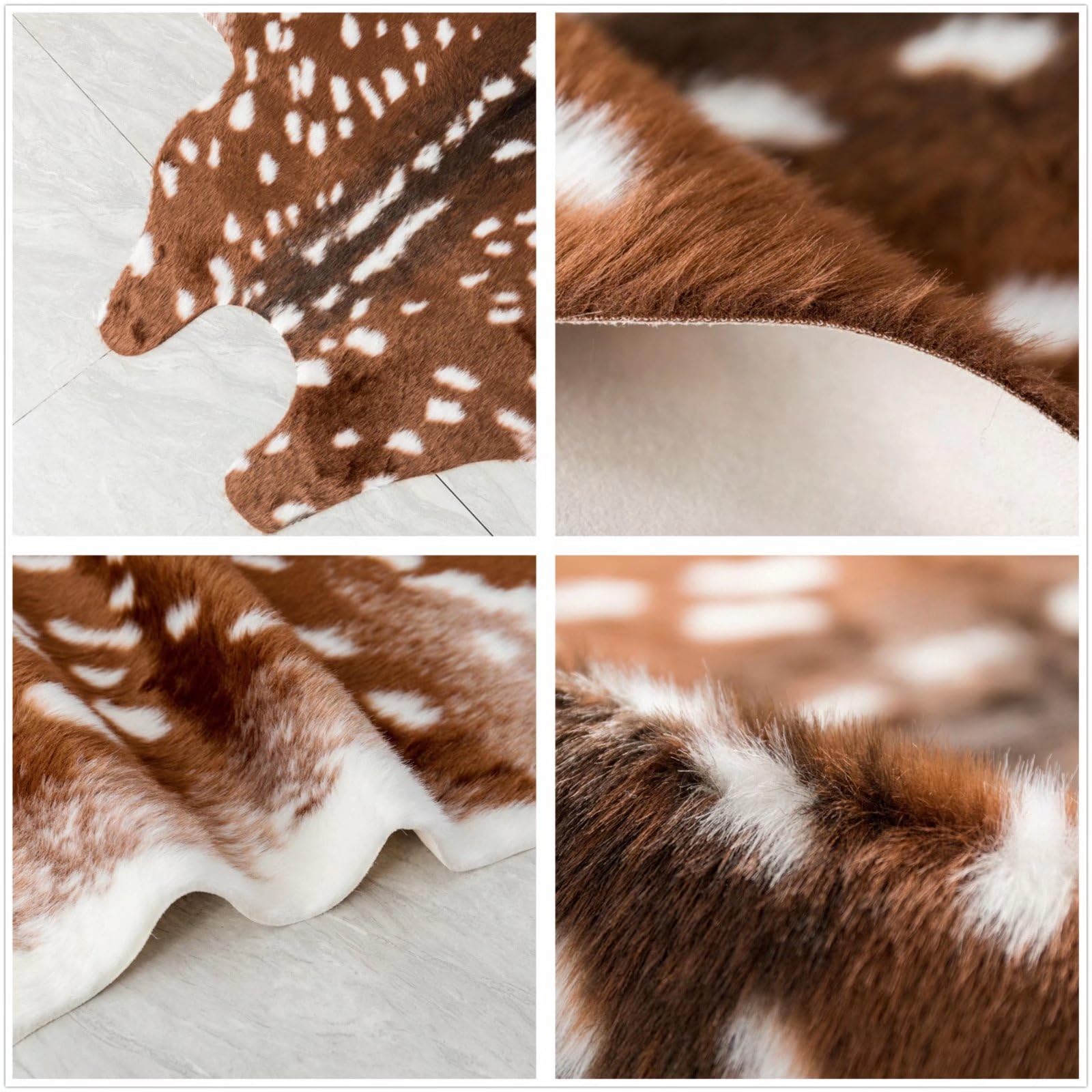 Grand tapis Sika en fausse fourrure avec imprimé cerf - 1,5 x 1,8 m - Blanc et marron