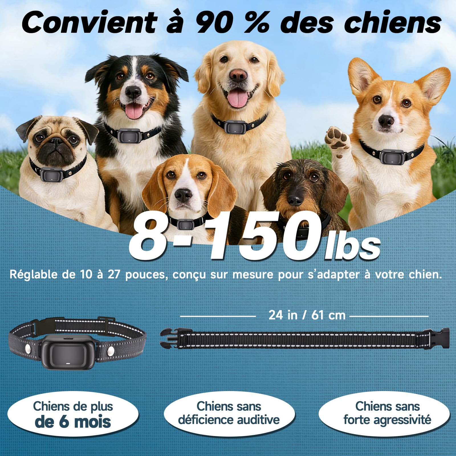 Collier Anti Aboiement Chien, Automatique Collier de Dressage pour Détection Intelligente des Aboiements, Ultrasons/Bip/Vibration, Imperméable IPX7, Rechargeable Anti Aboiement Chien Petit Moyen Grand