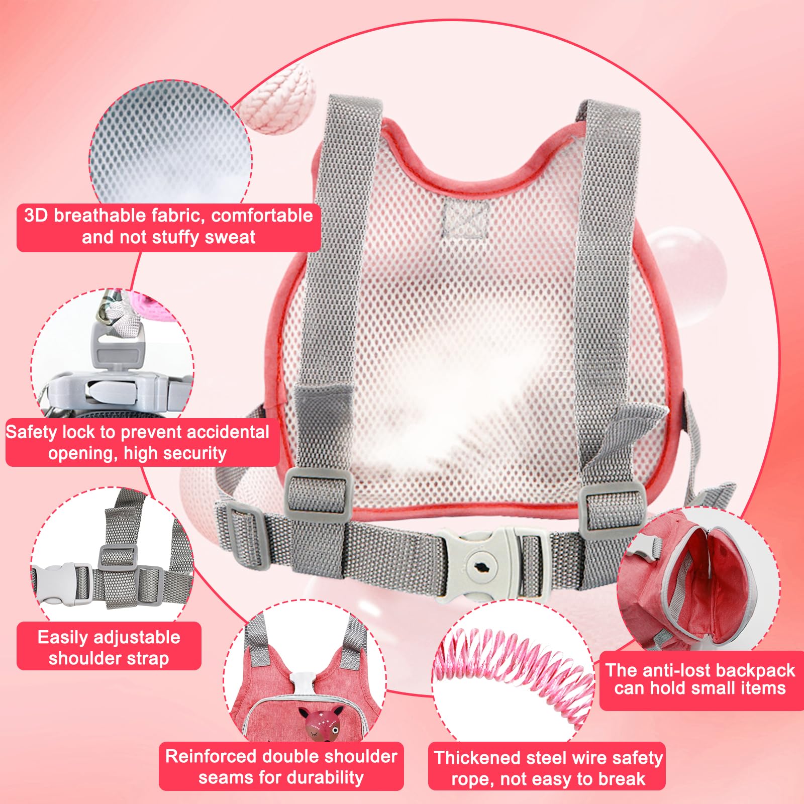 Laisse de Sécurité pour Enfants, Sac à Dos en Laisse pour Enfants 4-in-1, Sac a Dos Laisse Enfant avec Harnais Poignet Enfant Securite, Harnais en Laisse pour Enfants 1 2 3 4 5 ans