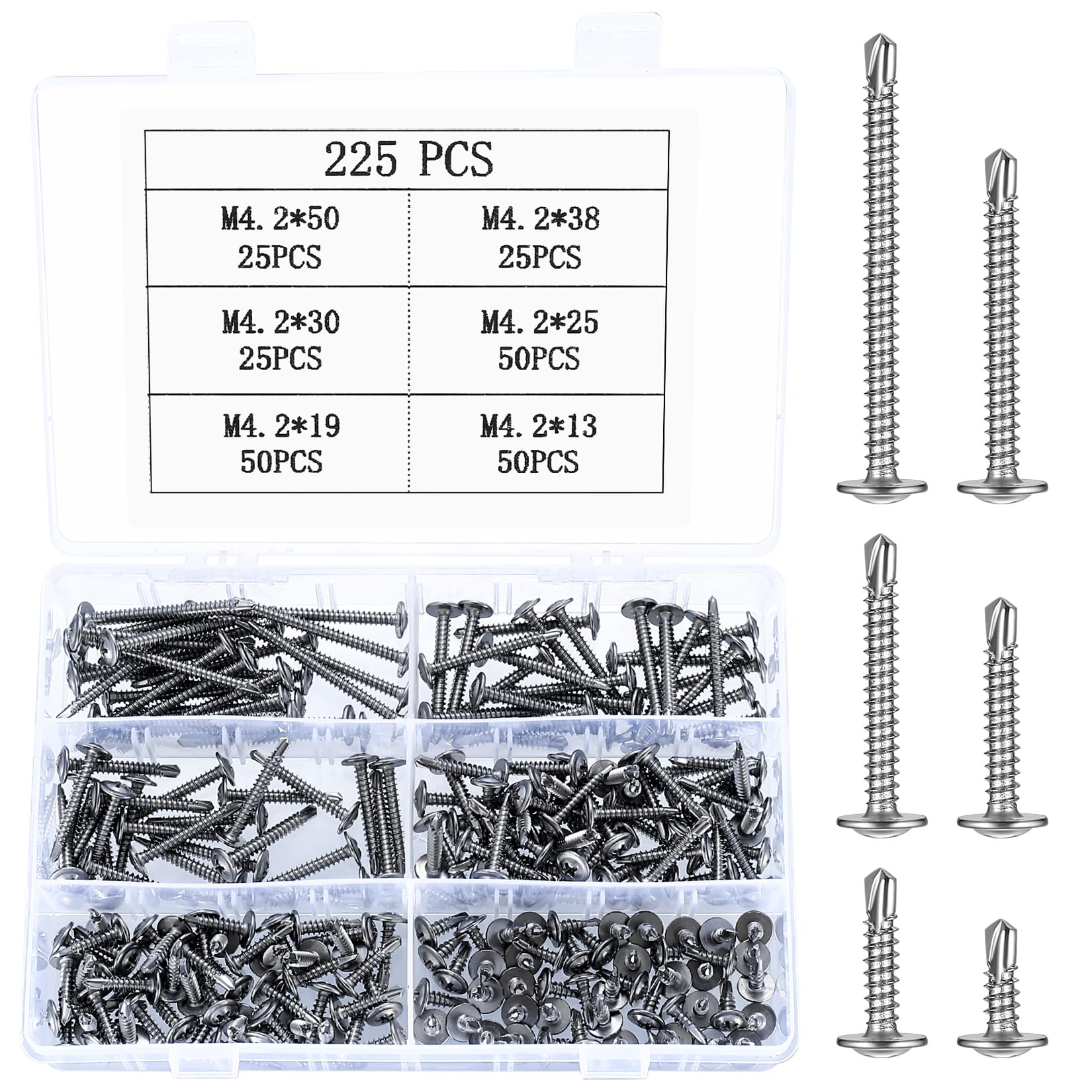 225 Piezas Tornillos Autoperforantes, M4,2 Tornillos Roscachapas Phillips, Tornillos Autotaladrantes, Tornillos Autorroscantes, Tornilleria Tornillos en Cabeza Cruz Plana para Acero Metálicos Madera