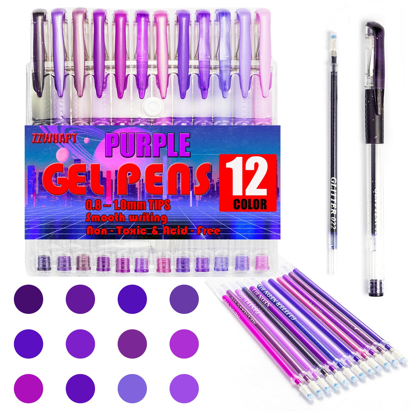 ZZWUAPT Purple Gel Pens,Colored Gel Pens Set including 12 Color Gel Pen with 24 Refills,40% More Ink Colored Gel Pens for Adult Drawing, Doodling, Scrapbook, Journaling