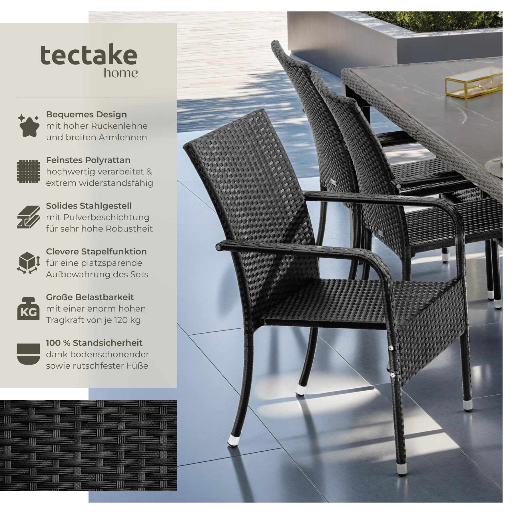 tectake® Rattan Stühle Esszimmer Outdoor, Stapelstühle, Gartenmöbel Set, Gartenstühle stapelbar, Outdoor Küche, Terrasse, Wintergarten Möbel, Korbsessel Armlehne, Balkon Set, Terrassenmöbel - 2er Set