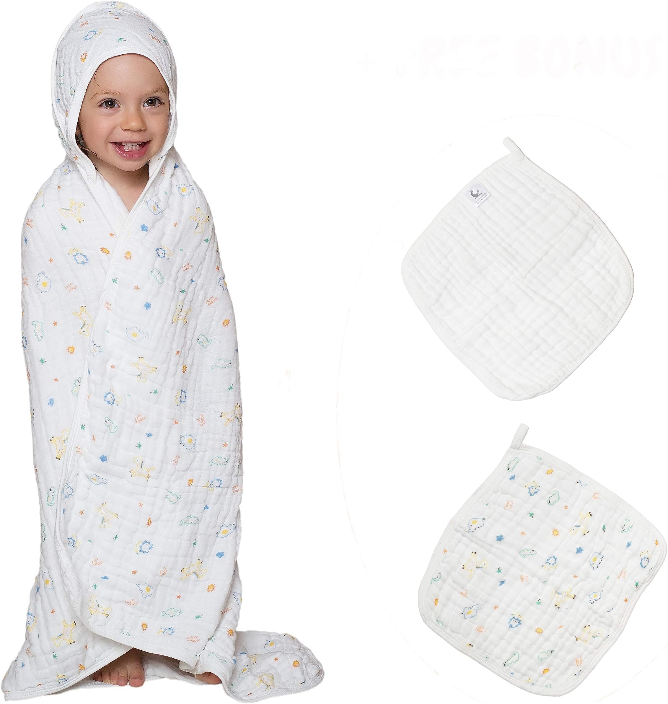 Baby Muslin Hooded Towel and 2 Washcloths Bath Set - Extra Soft and Large Towel 33,5 x 33,5 inch (85x85 cm ) 6 Layer Gauze 100 % Organic Cotton