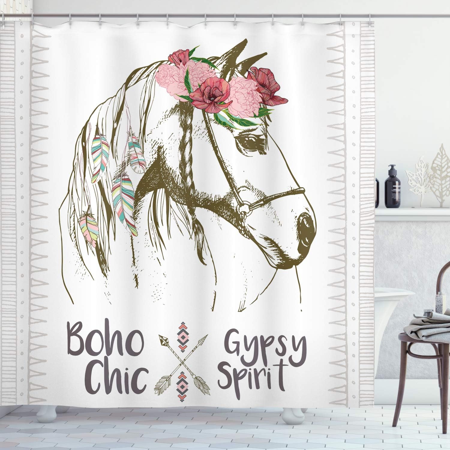 Ambesonne Animal Shower Curtain, Boho Horse Head Sketch with Flowers Colorful Feathers Gypsy Spirit, Cloth Fabric Bathroom Decor Set with Hooks, 69" W x 84" L, Green Pink
