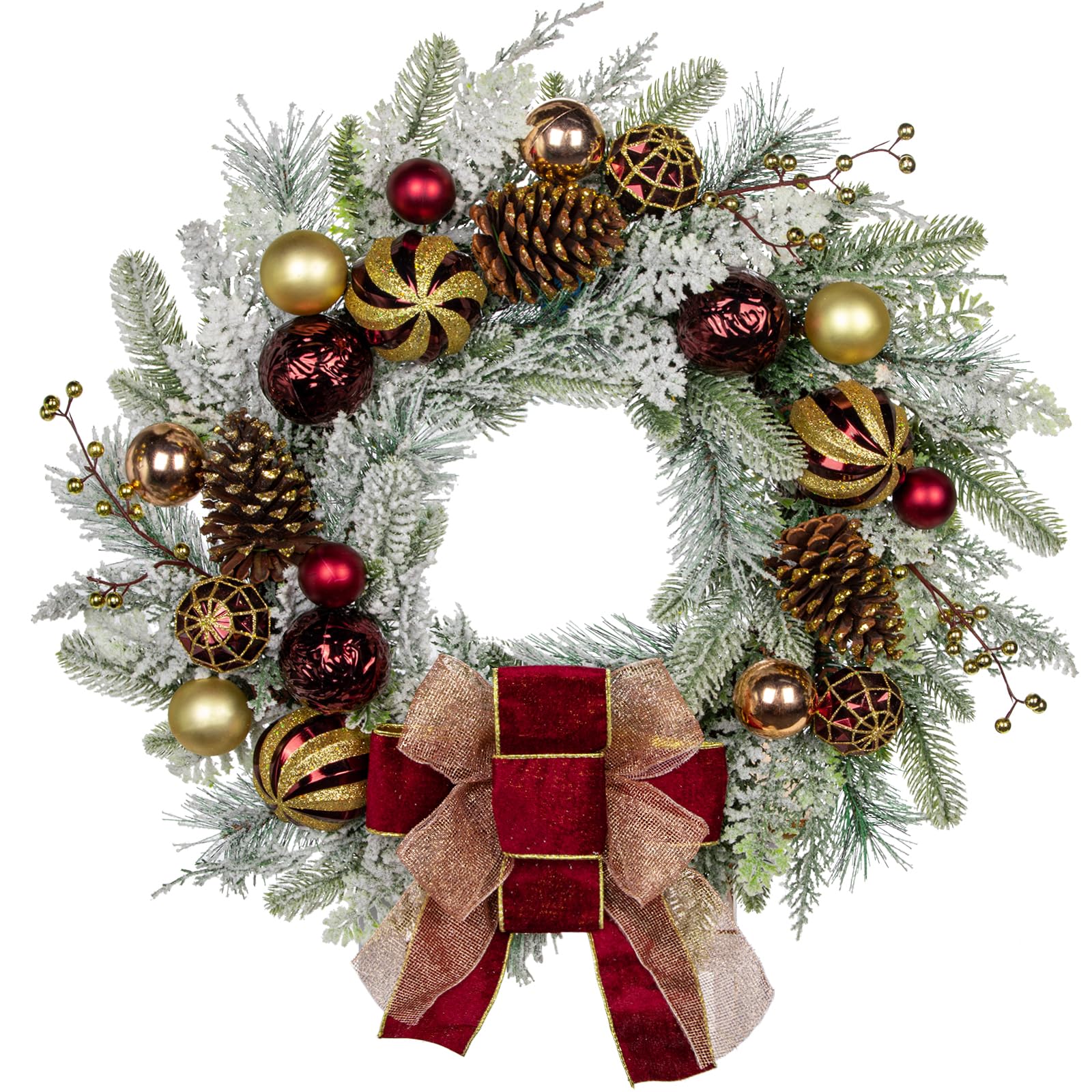 24" Christmas Wreath for Front Door Artificial Unlit Winter Wreath with Pine Cones, Berry Clusters, Burgundy Ball Ornaments and Ribbon for Thanksgiving Holiday Christmas Decoration