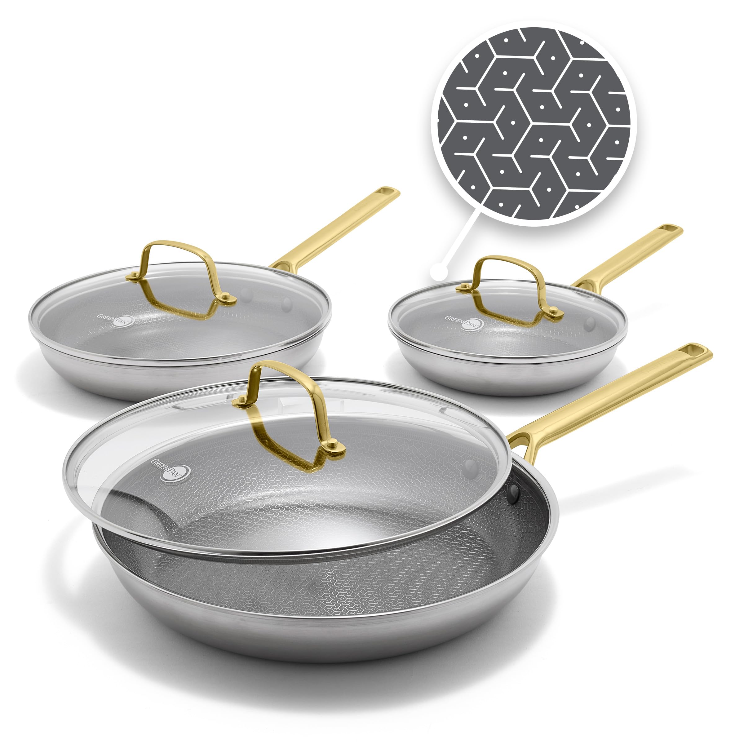 GreenPan Hybrid 6 Piece (8",10" & 12") Stainless Steel Skillets with Lids | APEX Tri-Ply…