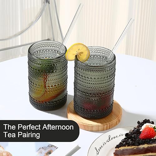 Miniatura 6 de Juego de vasos de vidrio vintage de 6 vasos de vidrio de hobnail de 15 onzas, vaso de agua gris en relieve, para cerveza, cóctel, whisky, jugo y