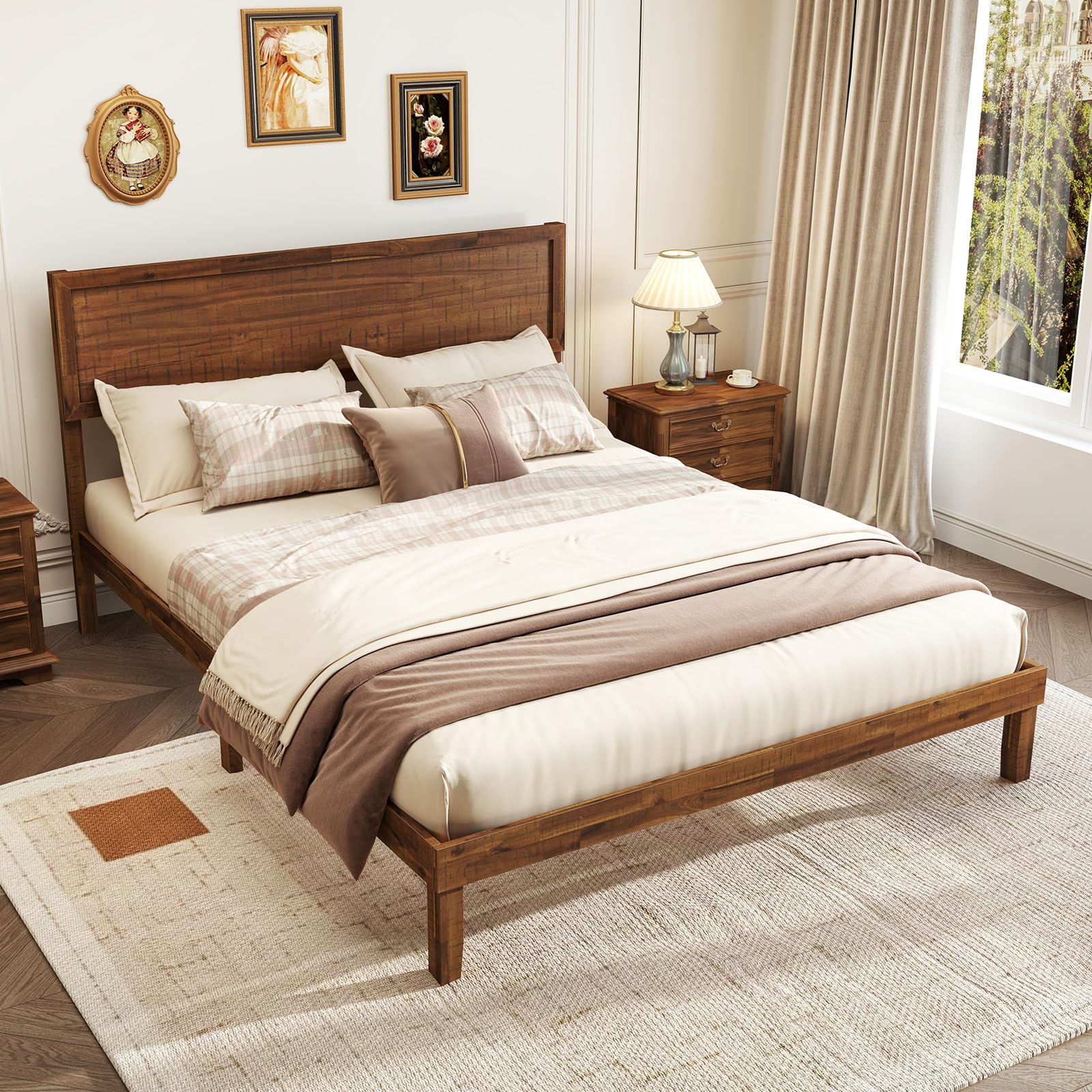 Queen Bed Frame with Headboard, Mid Century Modern Platform Bed Queen Size with Solid Wood Legs & Wooden Slat Support, Easy Assembly, No Box Spring Needed, Walnut