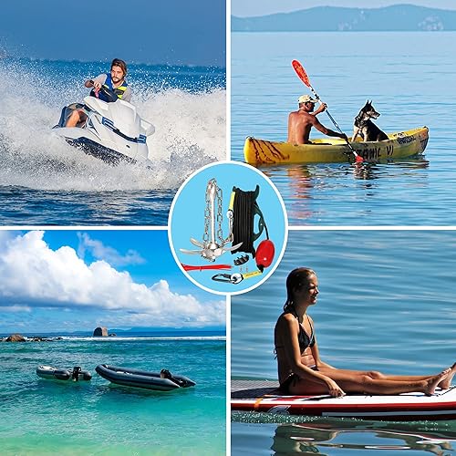 Miniatura 7 de Kit de anclaje para kayak y moto acuática, anclaje de barco de 3.5 libras con cuerda de 50 pies y cadena de acero inoxidable para accesorios de