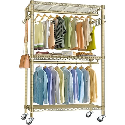 VIPEK V12 Rolling Clothes Rack for Hanging Clothes Heavy Duty Garment Rack 3 Tiers Adjustable Wire Shelving Clothing Rack with Double Hanging Rods, Closet Organizers and Storage, Gold