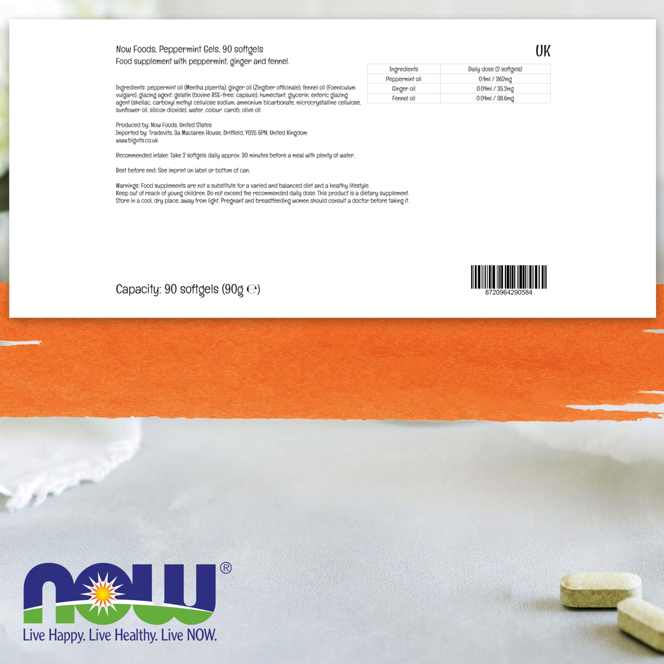 Now Foods, Peppermint Gels, Olio di Menta Piperita, con Zenzero e Finocchio, 90 Capsule molli, Testato in Laboratorio, Senza Glutine