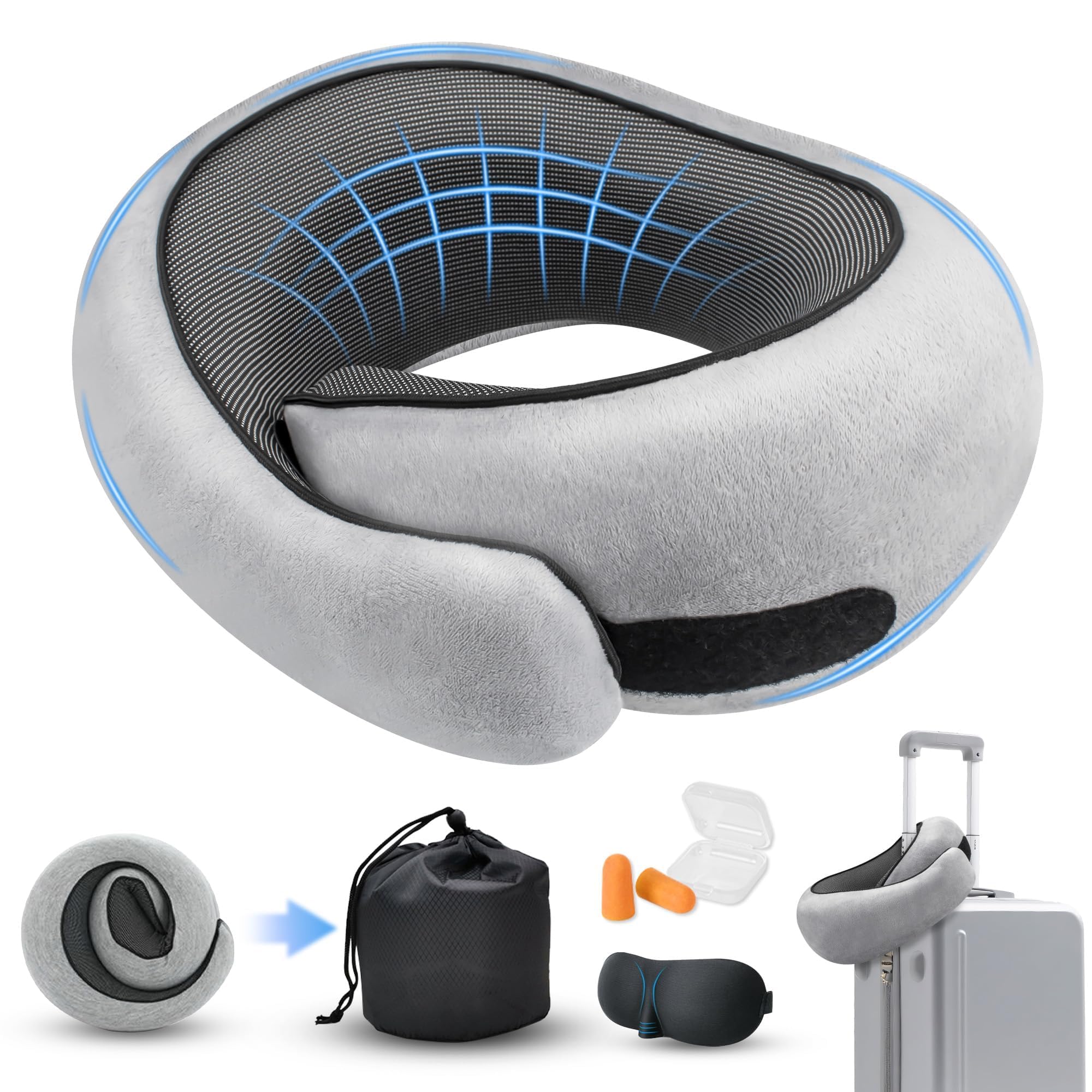 HiztoBlo Neck Pillow for Traveling, Travel Pillows for Airplanes 2025 New 100% Pure Memory Foam, Neck Pillow Airplane with 360º Ergonomic Design,