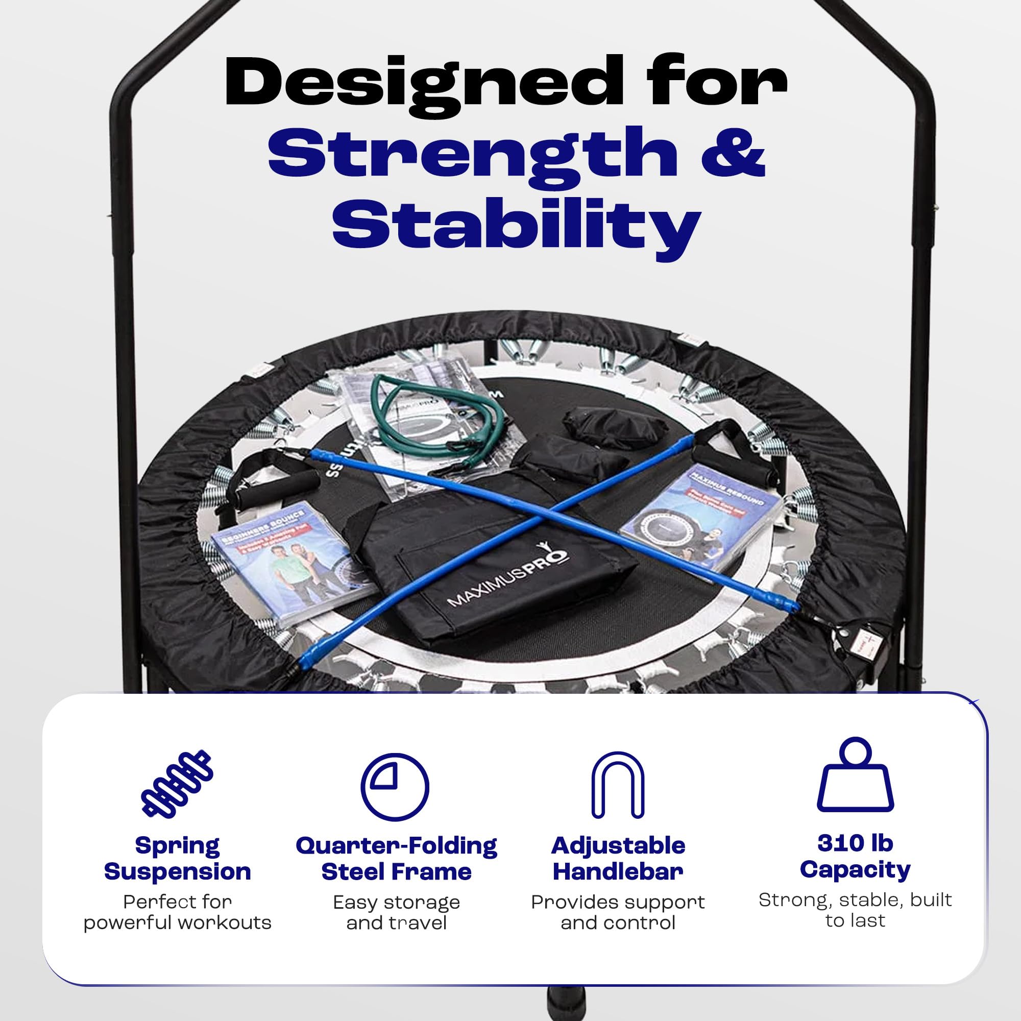 Rebounder MaXimus Pro – Mini Trampolino Professionale pieghevole, 2 dvd con 7 video d’allenamenti (Inglese), borsa, pesi di sabbia, corde elastiche di resistenza.