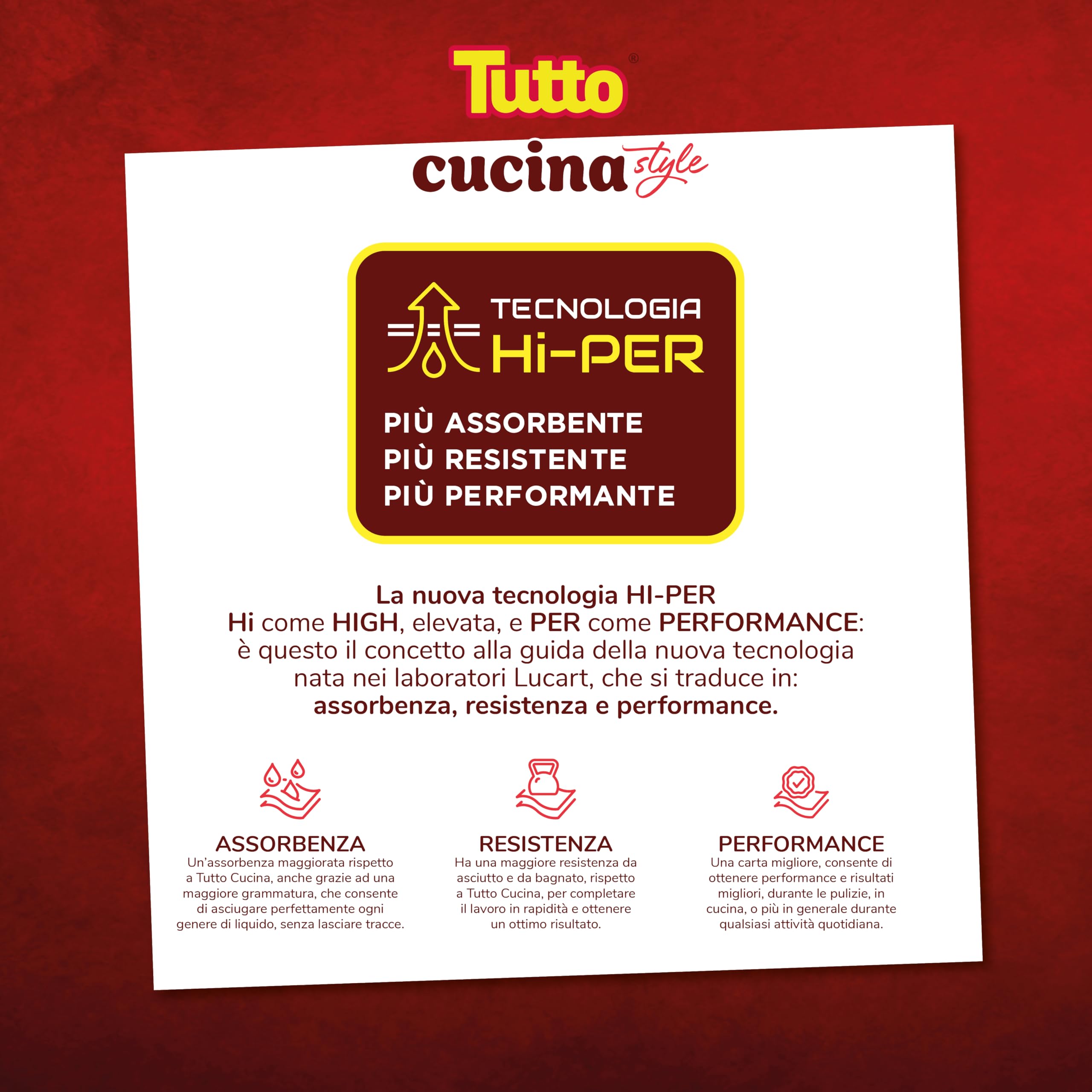 Asciugatutto TUTTO CUCINA STYLE, 18 Rotoli, Carta Super Assorbente e Resistente, Pulizia Rapida e Senza Sforzo, Tecnologia HI-PER, Made in Italy, 821710
