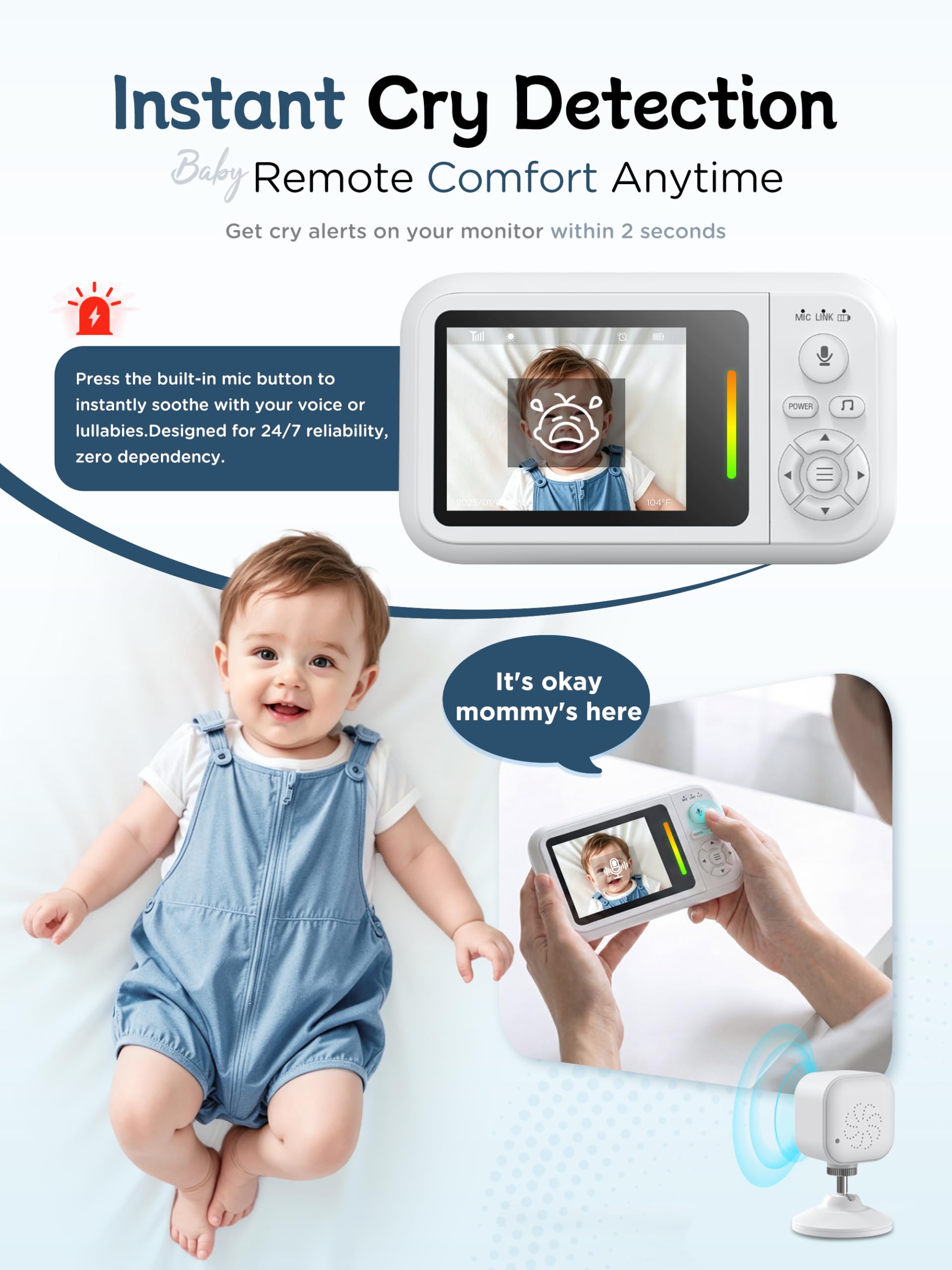 Moniteur bébé avec caméra et vision nocturne, sans WiFi, avec clip de lit et support