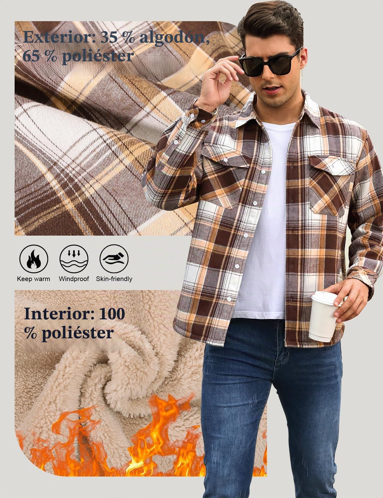 Svanco Chaquetas Hombre Térmica Chaqueta Camisa De Franela Forro Polar A Cuadros Suave Sherpa Forro Leñador Espeso Abrigo Con Bolsillos Casual Invierno Caliente Chaquetas De Trabajo M-XXL