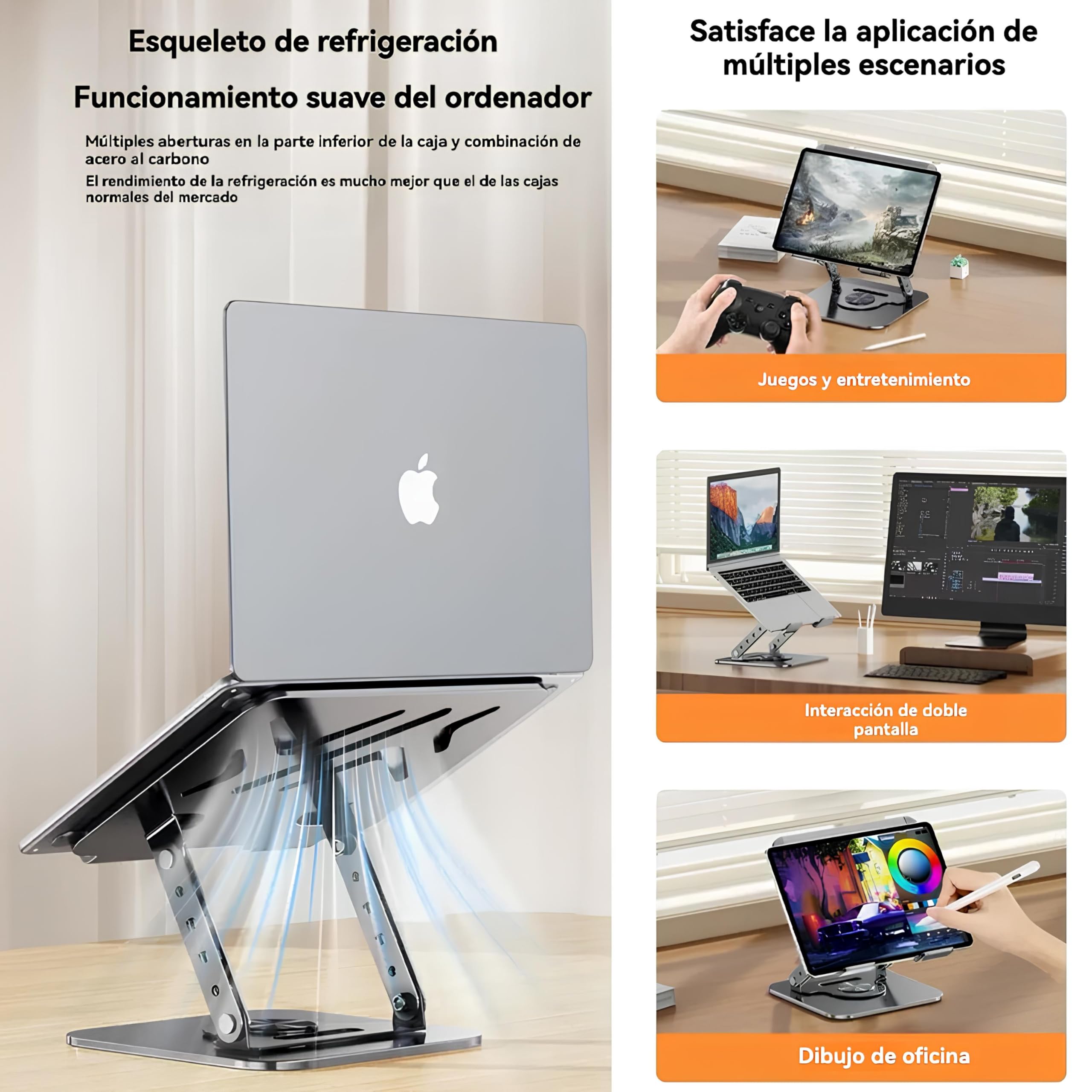 Soporte para Portátil Plegable y Ajustable con Base Giratoria 360° – Elevador Ergonómico con Ventilación Mejorada, Compatible con Laptops de 11 a 17 Pulgadas, Ideal para Oficina y Teletrabajo