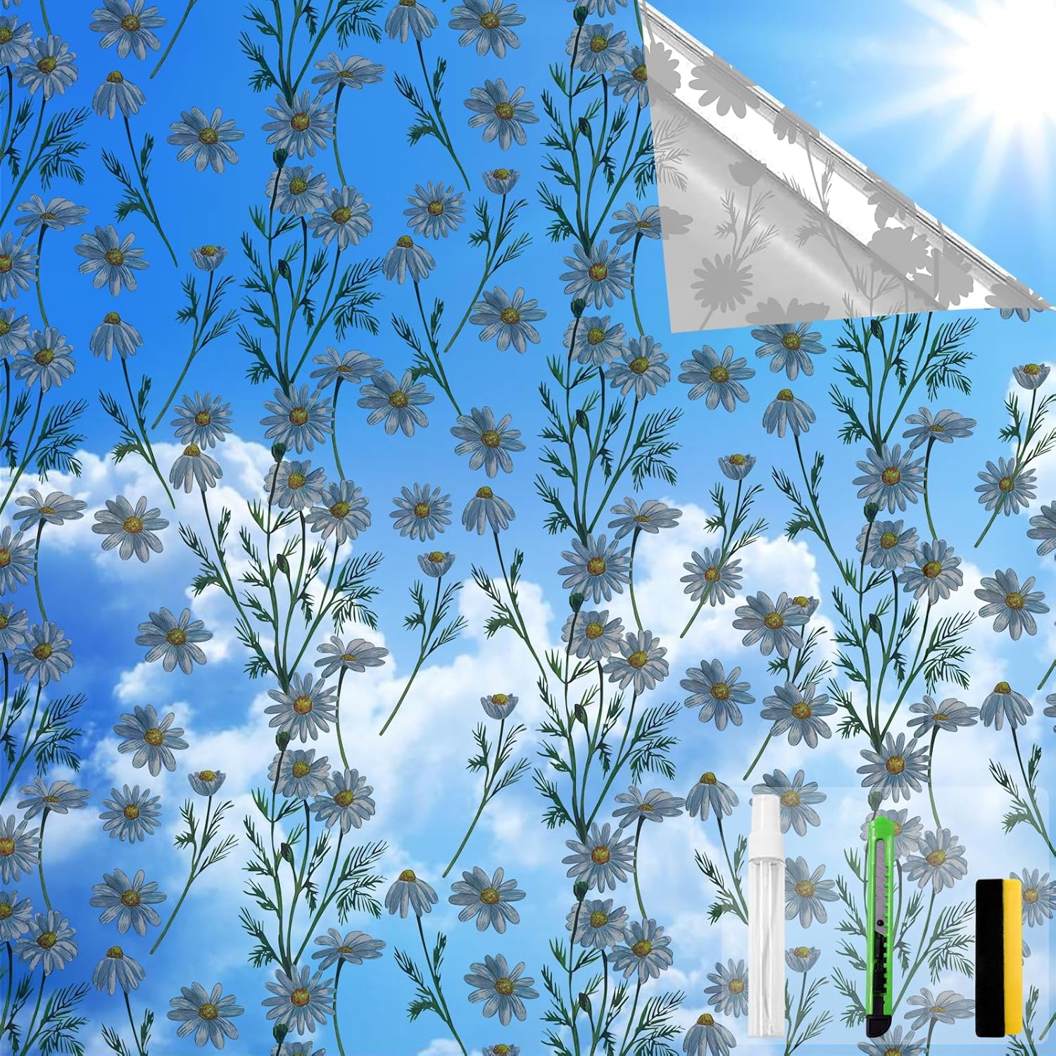 One Way Privacy Film, Window Tint for Home,Daytime Reflective, Anti UV Static Cling Sliding Door Coverings No Glue Garage Solar Paper (Silver -Daisy, 23.6 x 78.7 in) Silver-daisy 23.6 in X 78.7 in