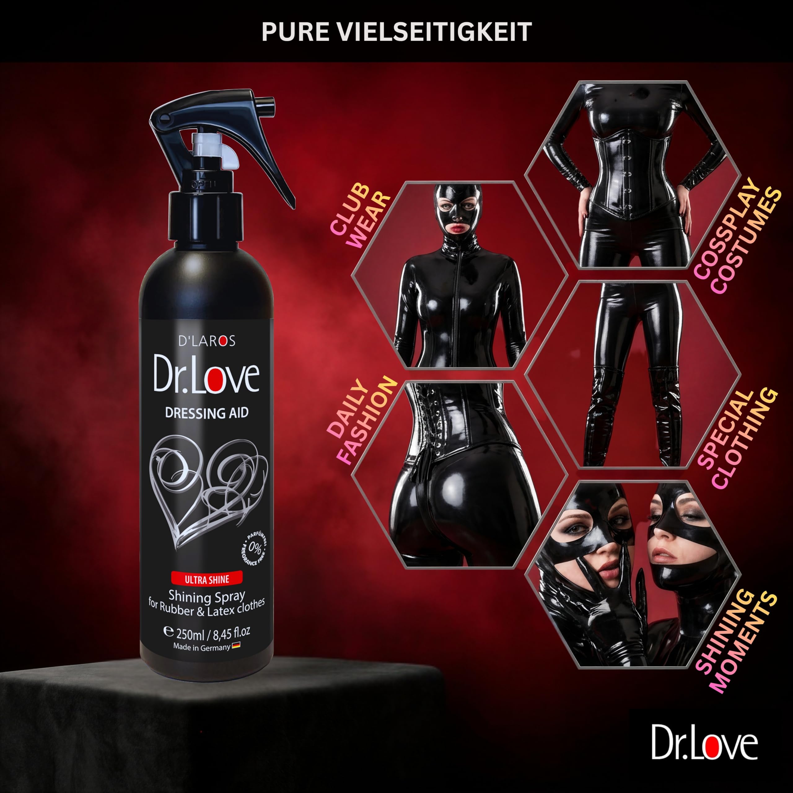 Dr.Love Premium Dressing Aid | 250 ml | Spray Shining Spray Soin au latex brillant & aide à l'enfilage pour elle et lui | Doux pour la peau | Huile de silicone pour latex | Soin du caoutchouc sans