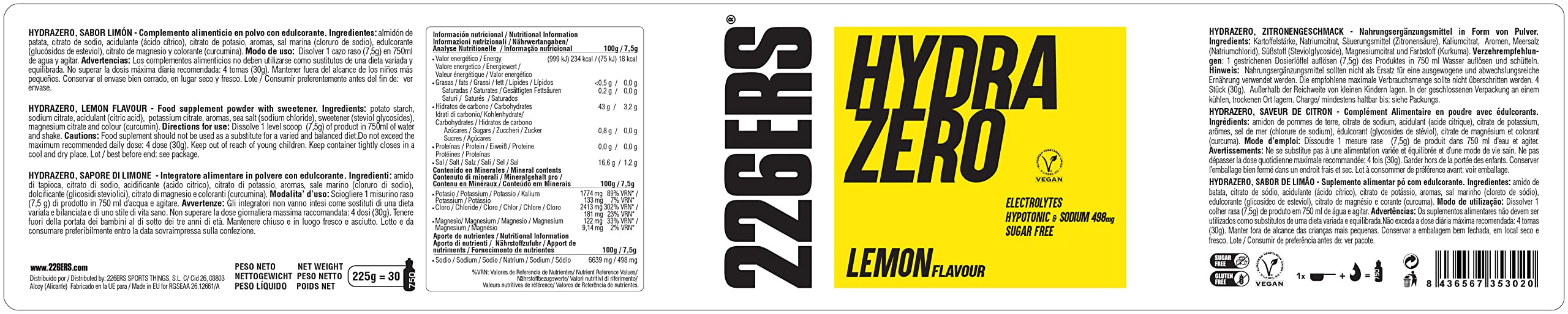 226ERS Hydrazero | Bevanda per l'Idratazione e il Recupero dei Sali Minerali ed Elettroliti, Limone - 225 gr
