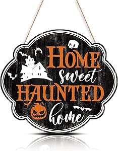 FWIEXA Halloween Decorations Funny Home Sweet Haunted Home Wood Sign Plaque (12.1