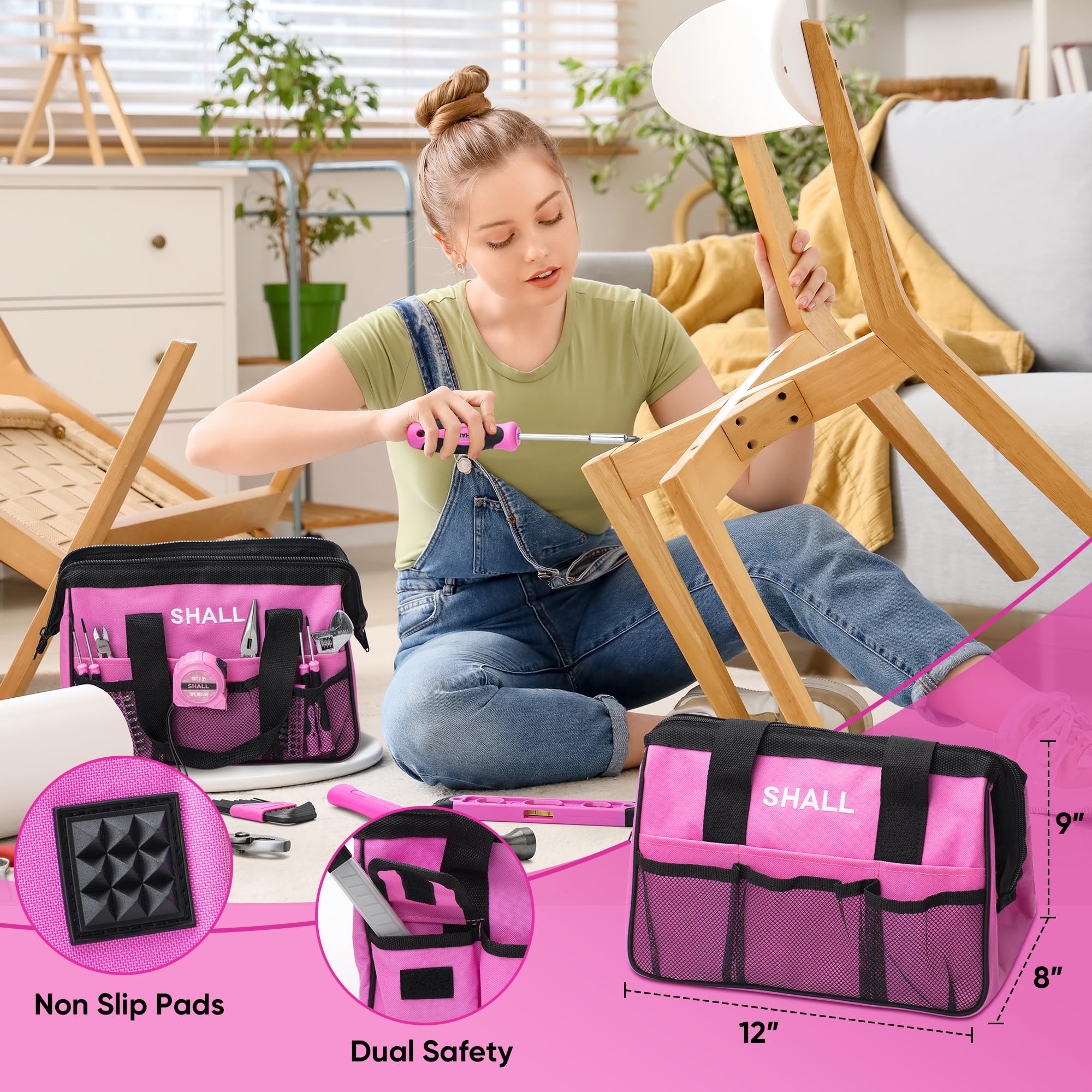 SHALL Kit di attrezzi rosa da 166 pezzi per la casa, cassetta degli attrezzi rosa con set di attrezzi per fai da te e kit di attrezzi per auto, regalo ideale per donne, ragazze e tuttofare a casa