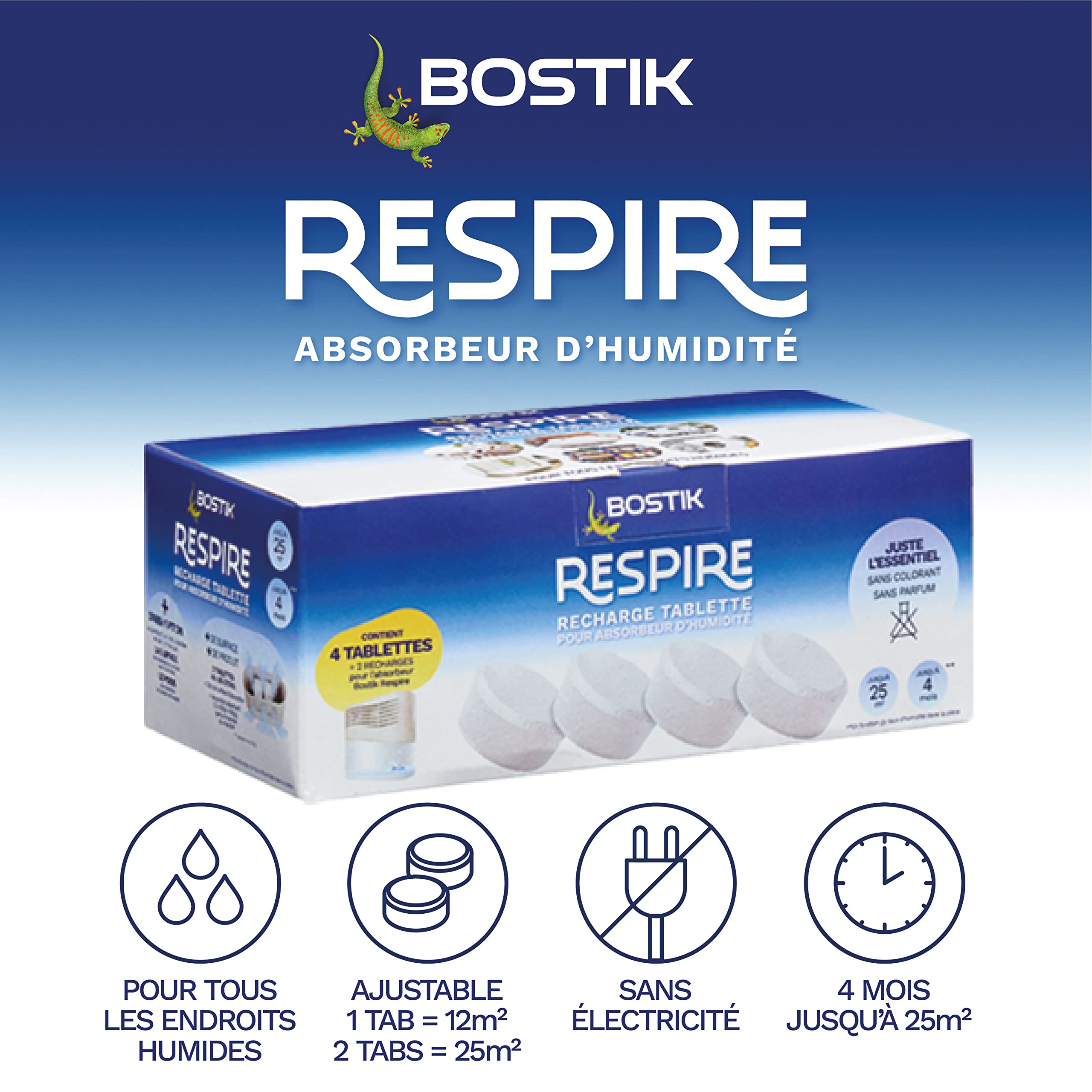 Bostik Oddycha 4 wkłady osuszacz, bez barwników i perfum w domu, mieszkania i przyczepy kempingowej, części do 25m², wkłady do tabs 4x250g pochłaniacz wilgoci 30623618 biały
